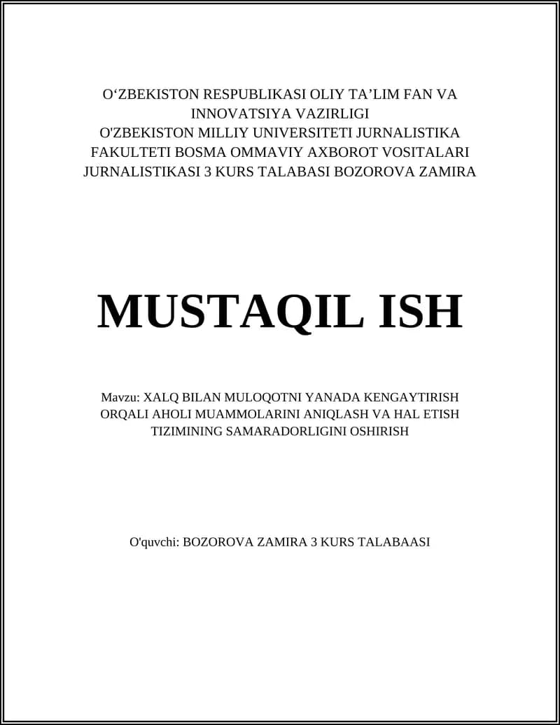 XALQ BILAN MULOQOTNI YANADA KENGAYTIRISH ORQALI AHOLI MUAMMOLARINI ANIQLASH VA HAL ETISH TIZIMINING SAMARADORLIGINI OSHIRISH