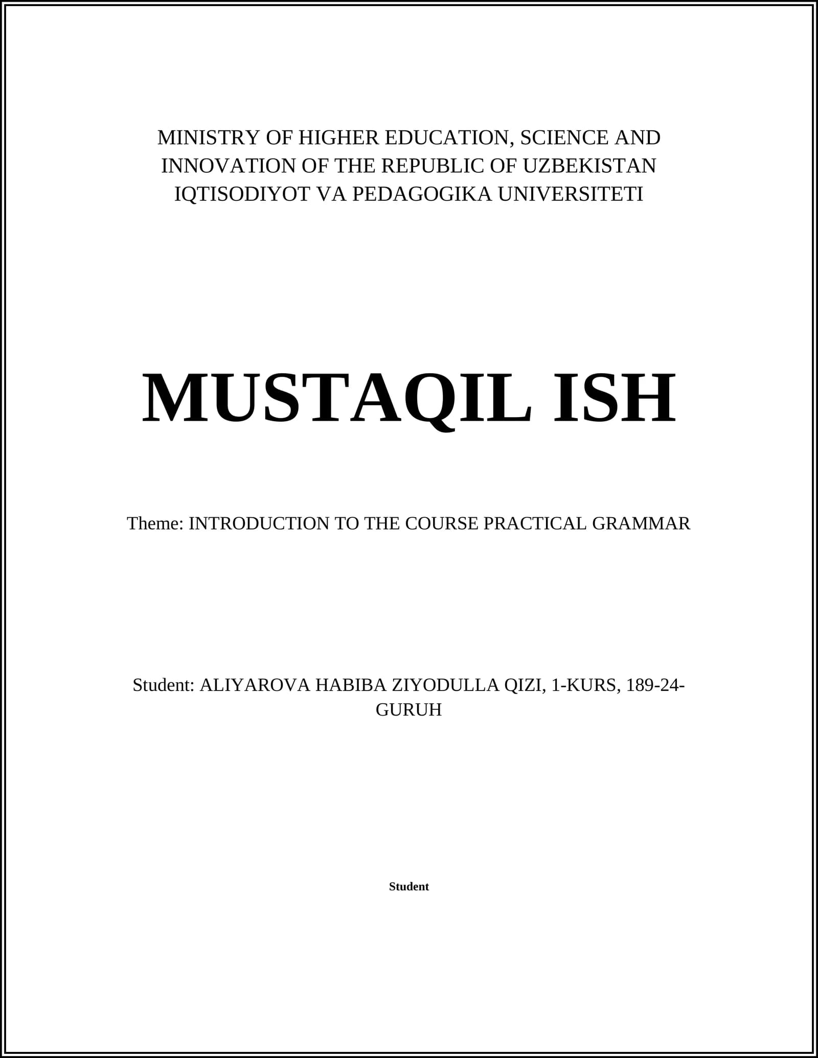INTRODUCTION TO THE COURSE PRACTICAL GRAMMAR