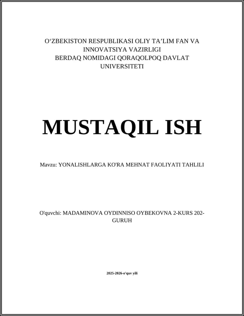 YONALISHLARGA KO'RA MEHNAT FAOLIYATI TAHLILI