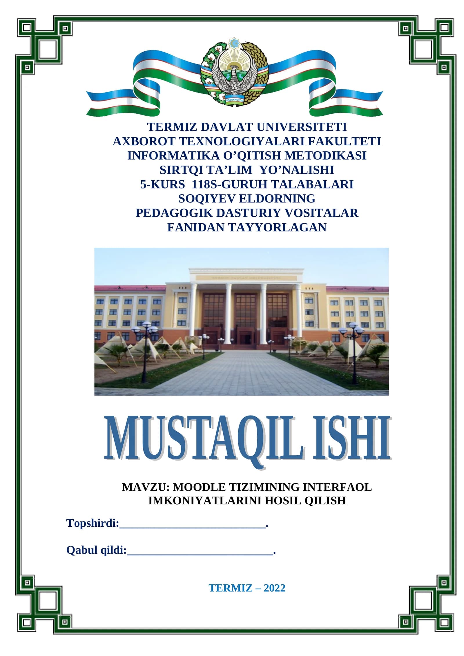 MOODLE TIZIMINING INTERFAOL IMKONIYATLARINI HOSIL QILISH