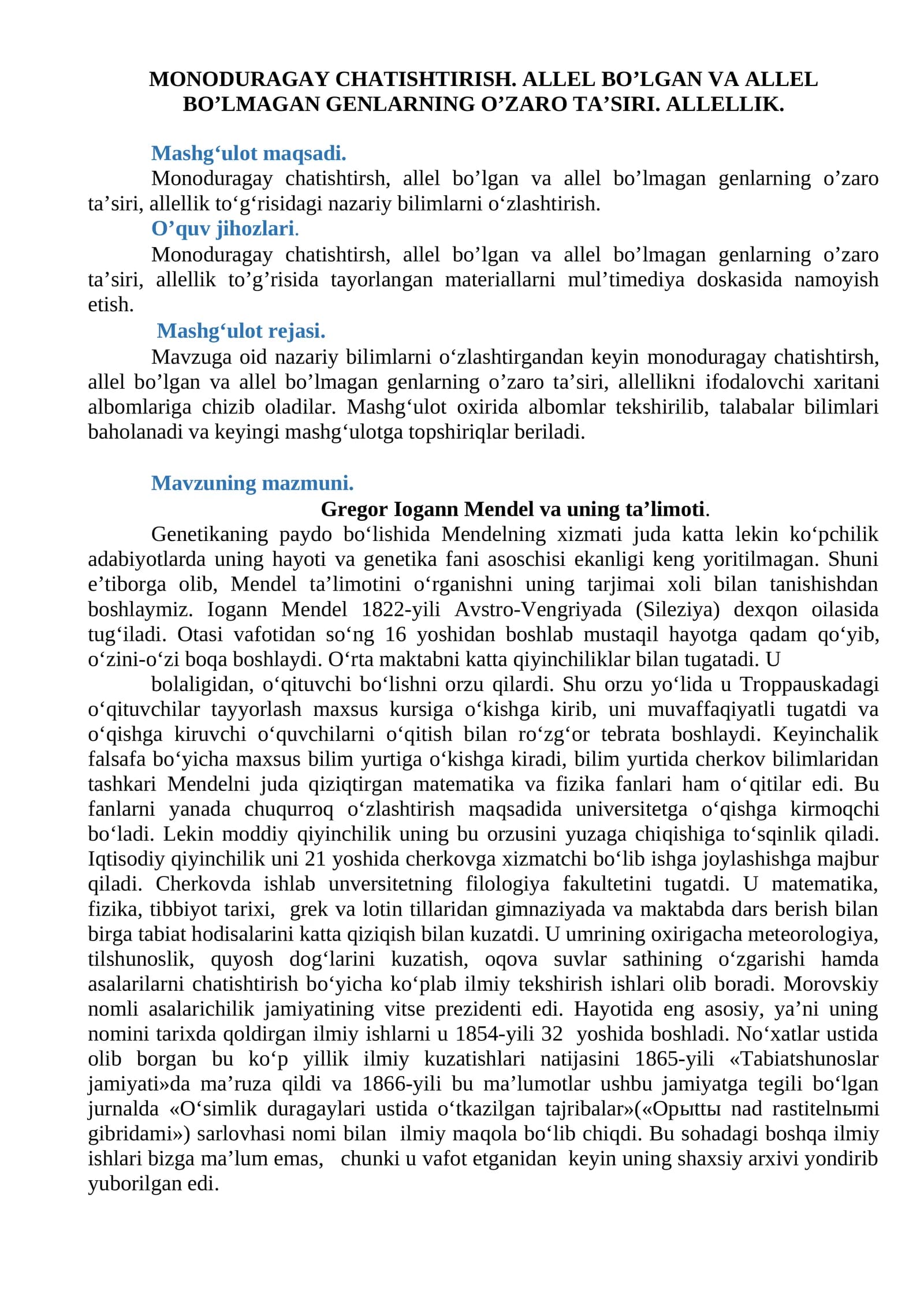 O'ZARO TA'SIRI. ALLELLIK