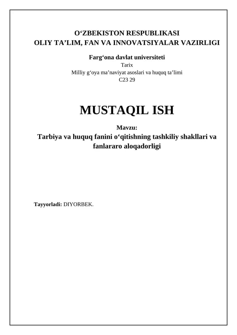 Ta'lim va huquq fanini o'qitishning tashkiliy shakllari va metodlari