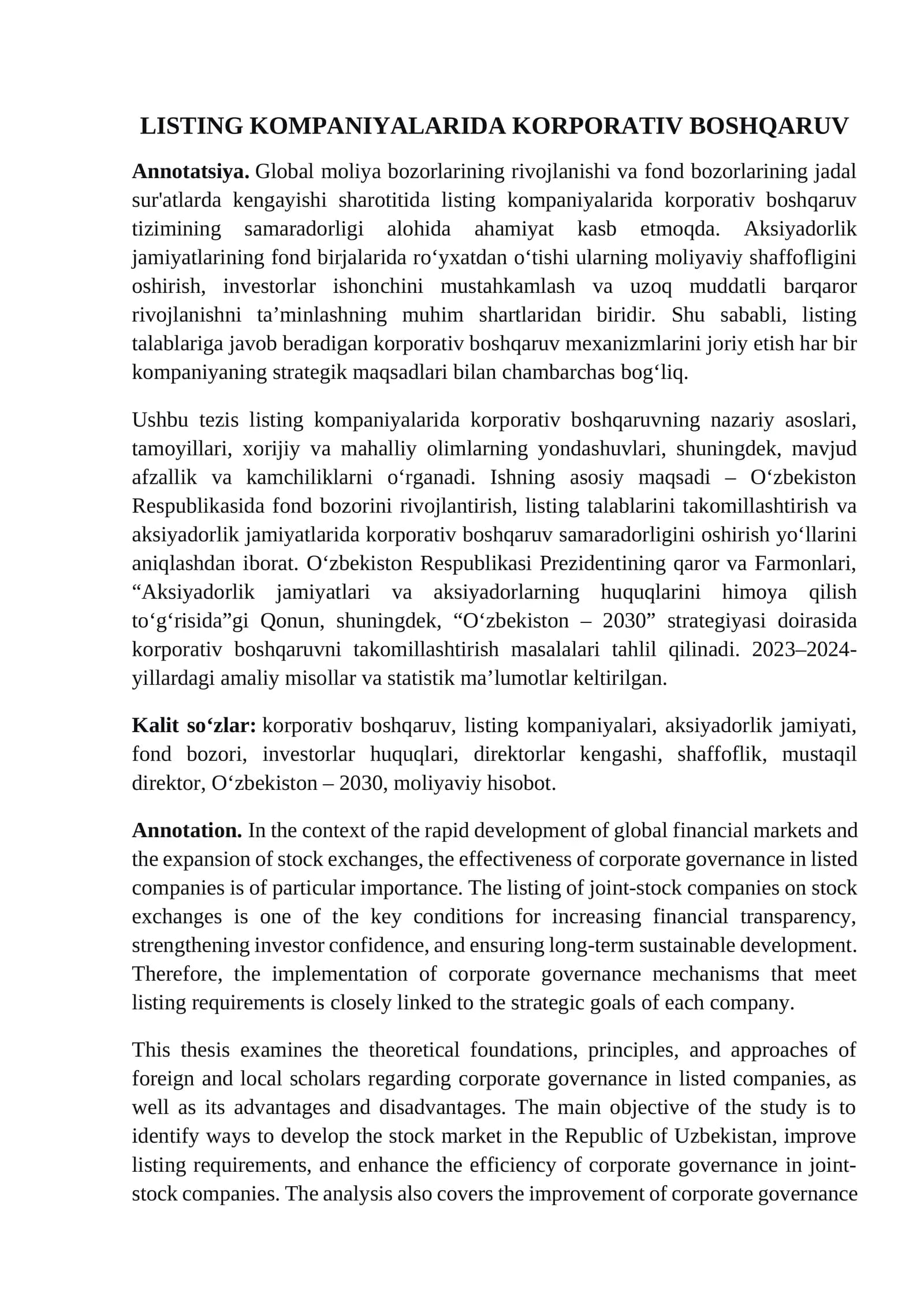 LISTING KOMPANIYALARIDA KORPORATIV BOSHQARUV