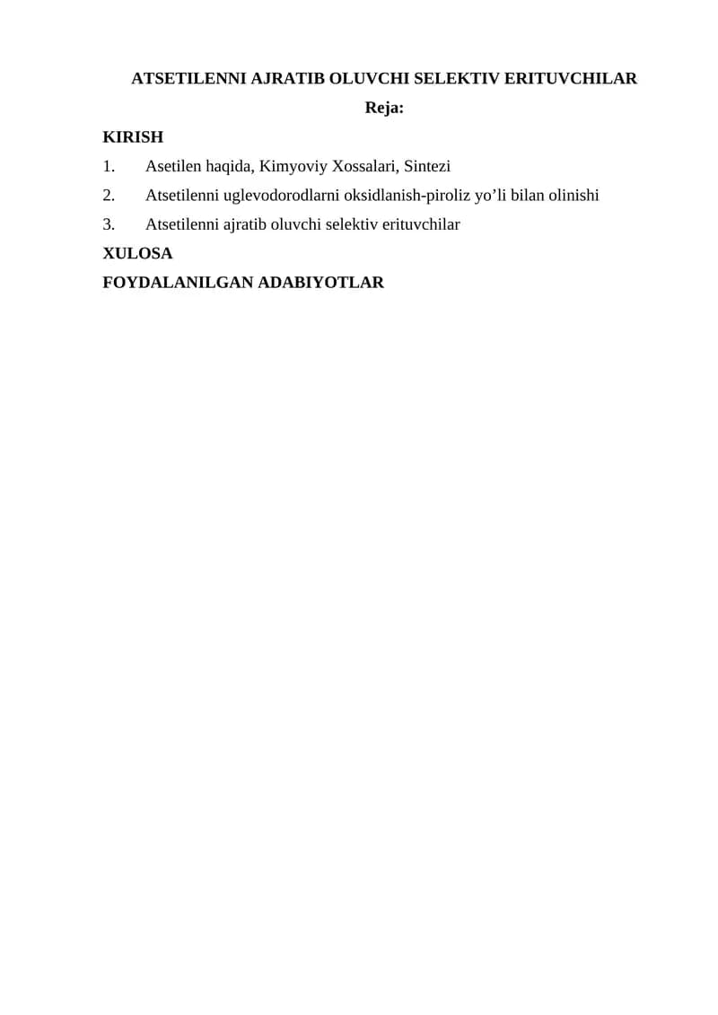 Atsetilenni ajratib oluvchi selektiv erituvchilar
