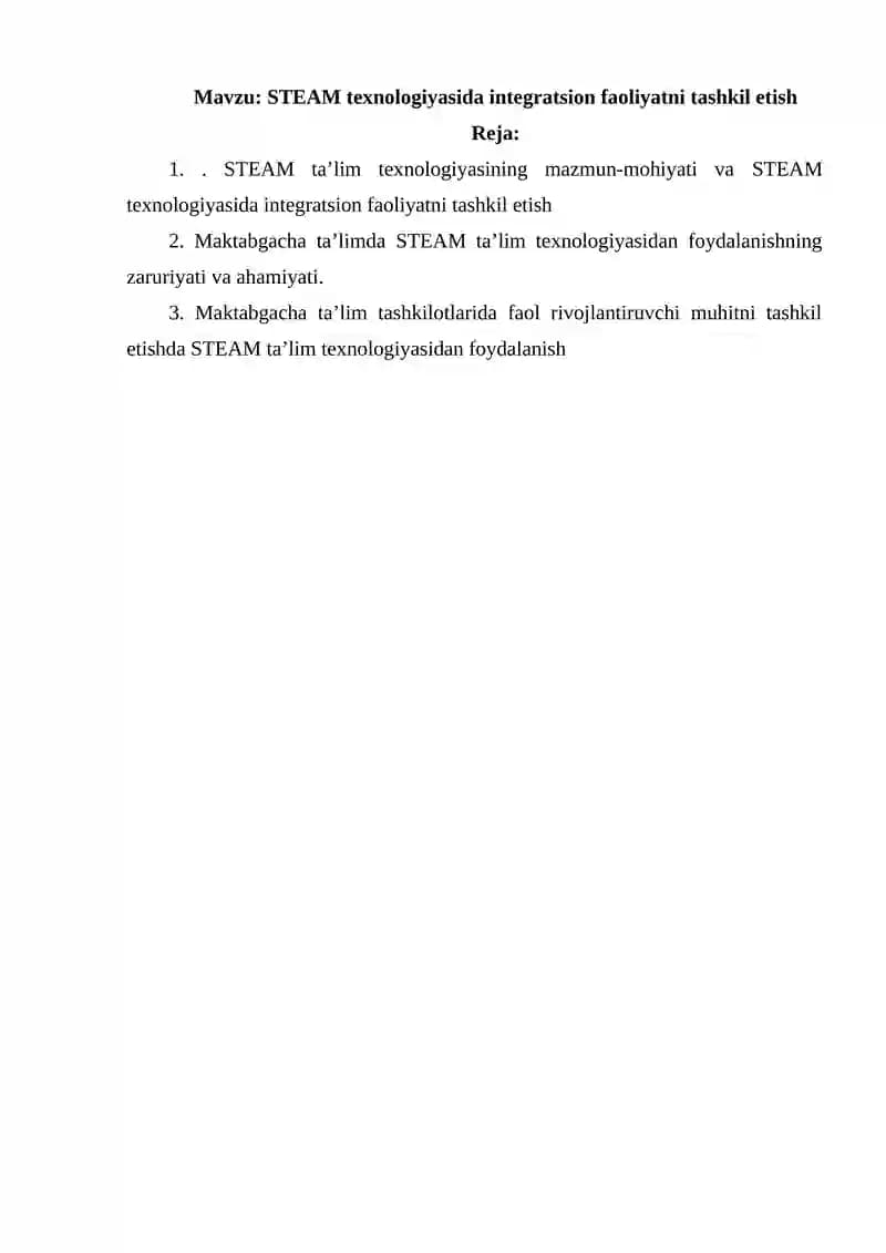 STEAM texnologiyasida integratsion faoliyatni tashkil etish