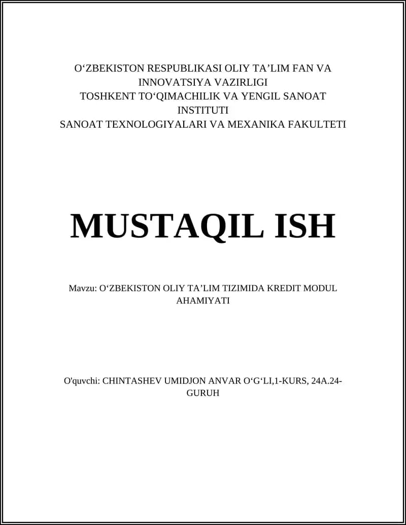 OʻZBEKISTON OLIY TAʼLIM TIZIMIDA KREDIT MODUL AHAMIYATI