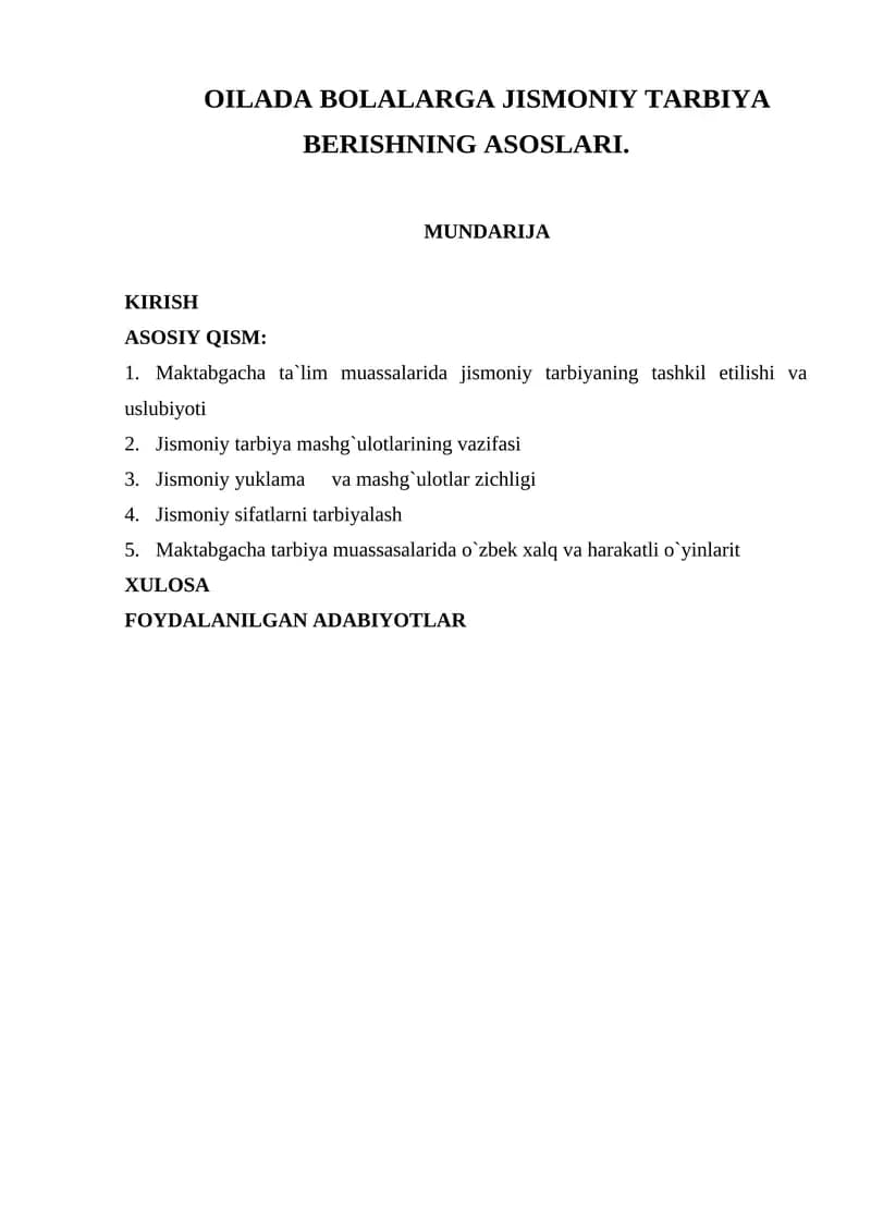 OILADA BOLALARGA JISMONIY TARBIYA BERISHNING ASOSLARI