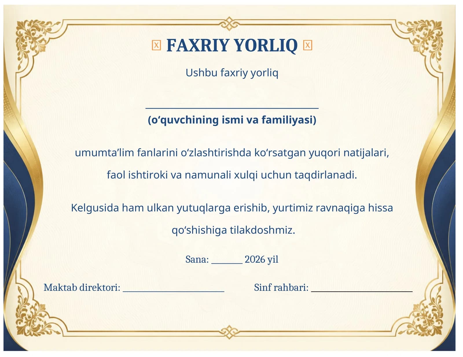 Faxriy yorliq maktab o'quvchilari uchun