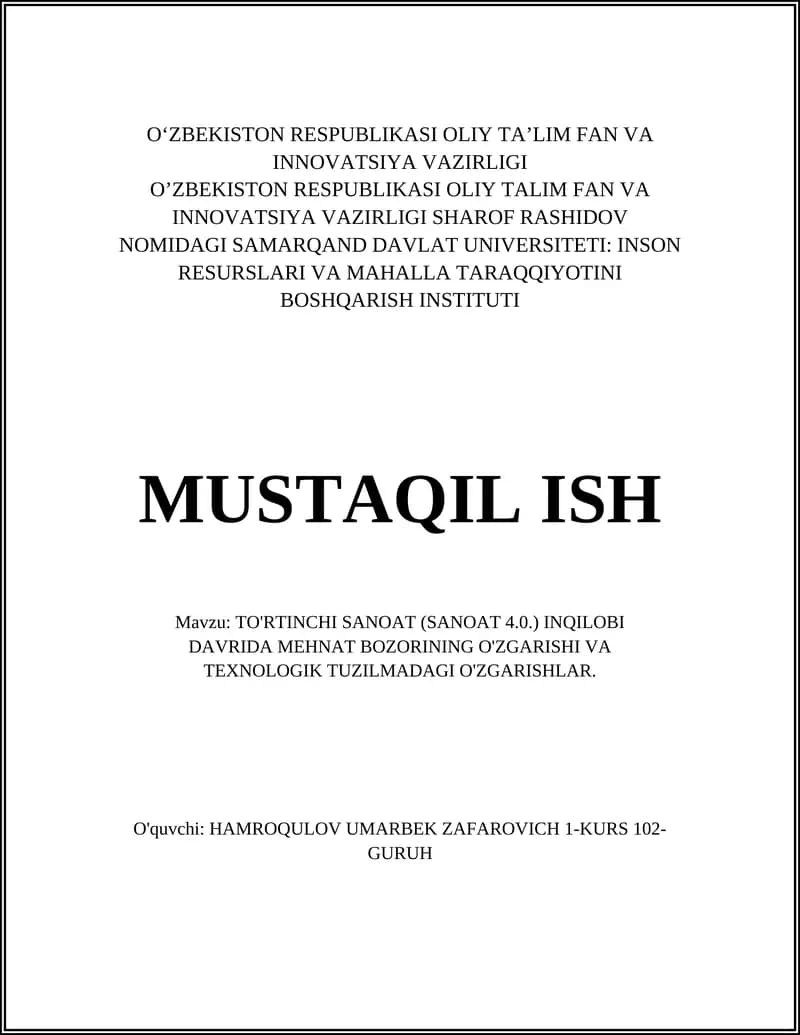 TO'RTINCHI SANOAT (SANOAT 4.0.) INQILOBI