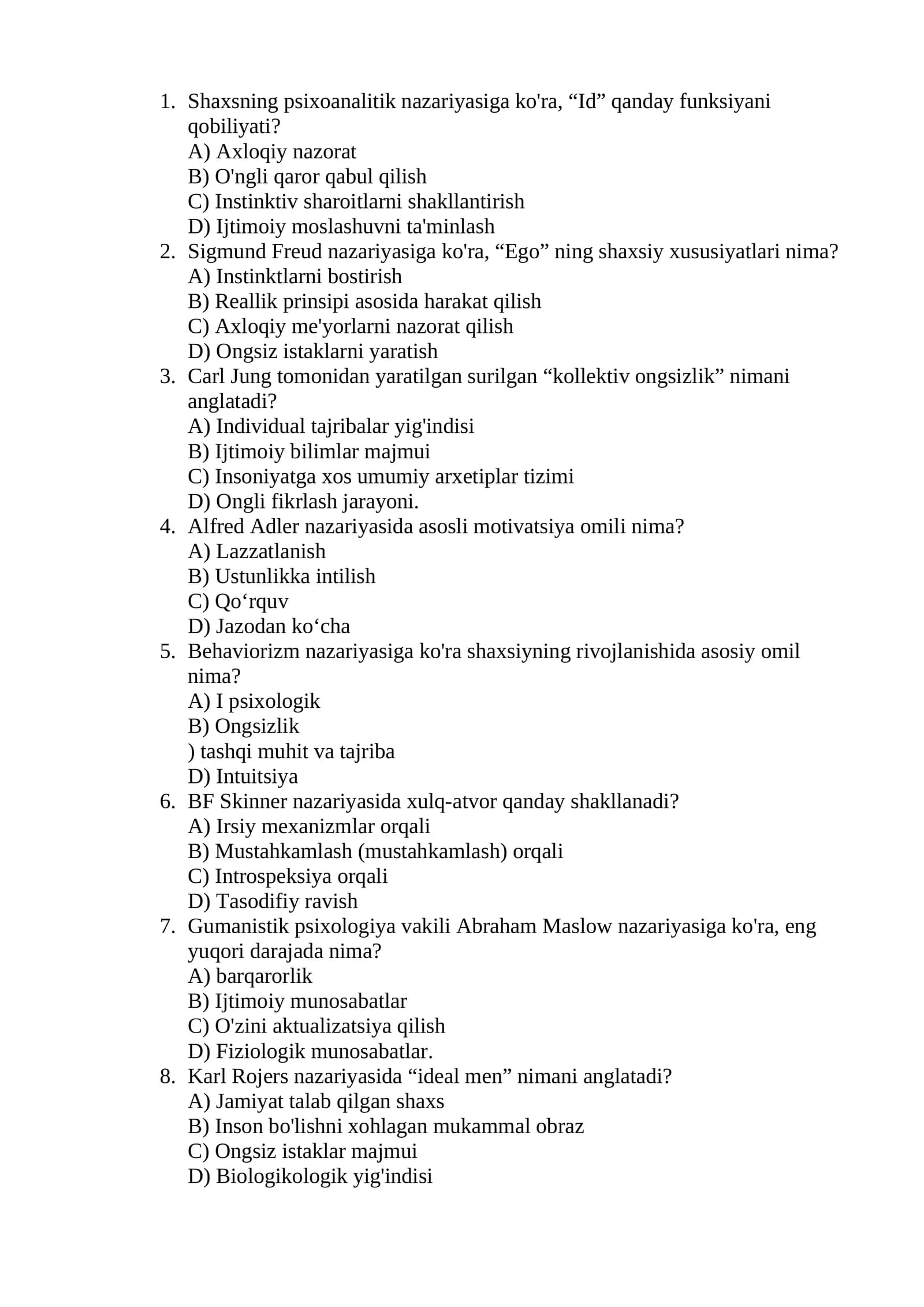 Shaxsning psixoanalitik nazariyasiga ko'ra, “Id” qanday funksiyani qobiliyati?