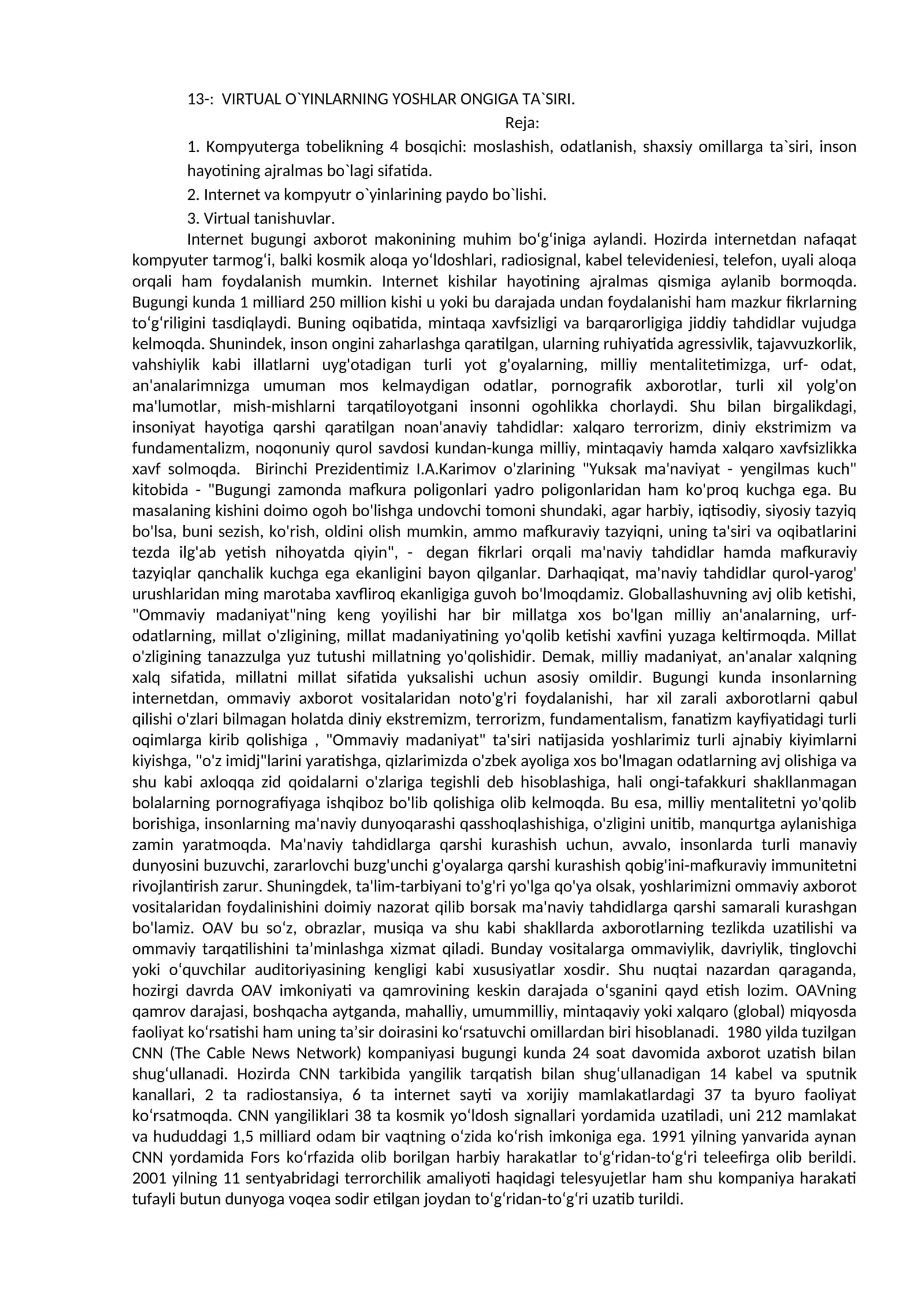 VIRTUAL O`YINLARNING YOSHLAR ONGIGA TA`SIRI