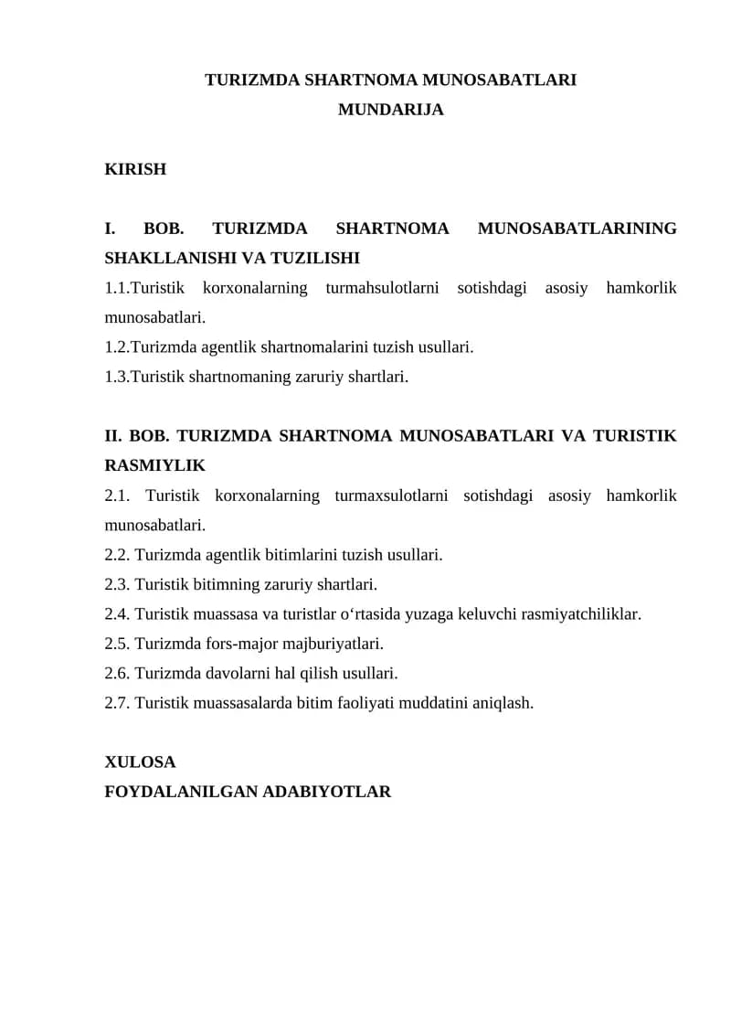 TURIZMDA SHARTNOMA MUNOSABATLARI