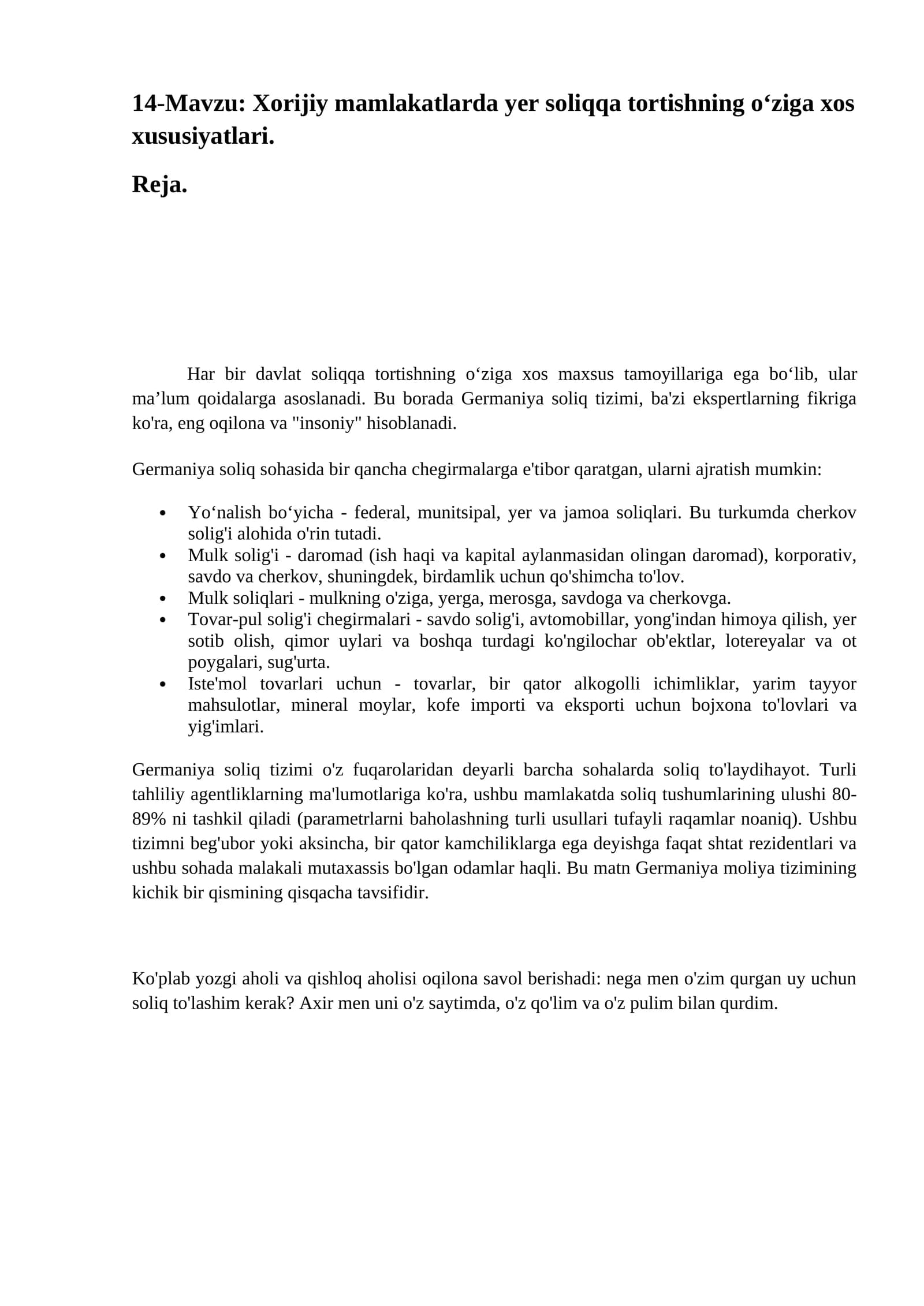 Xorijiy mamlakatlarda yer soliqqa tortishning o‘ziga xos xususiyatlari