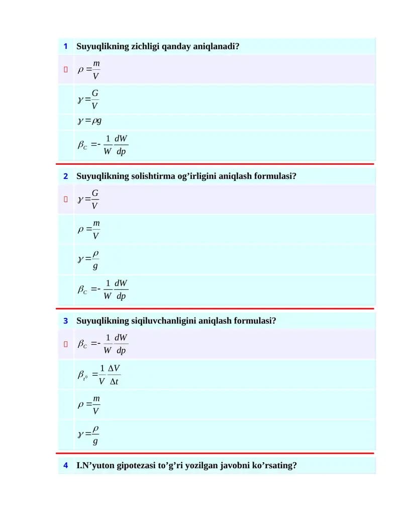 Suyuqlikning sоlishtirma (hajmiy) оg’irligi