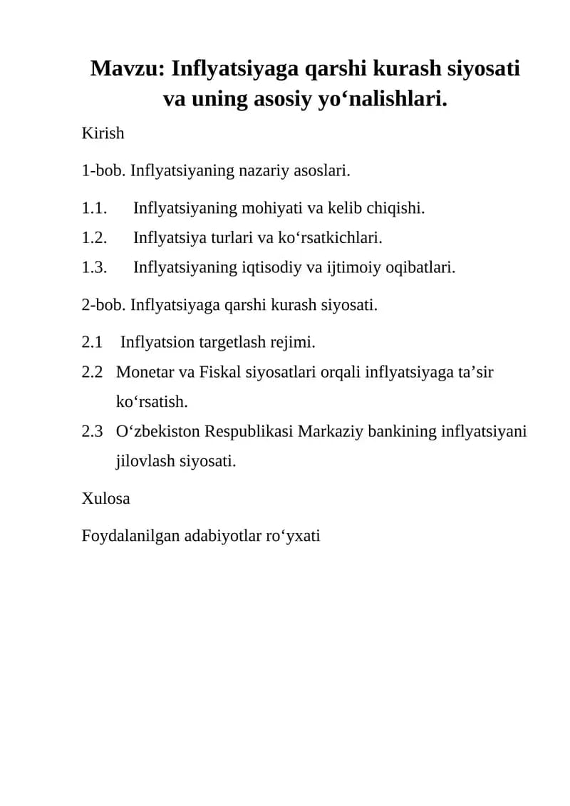 Inflyatsiyaga qarshi kurash siyosati va uning asosiy yo‘nalishlari