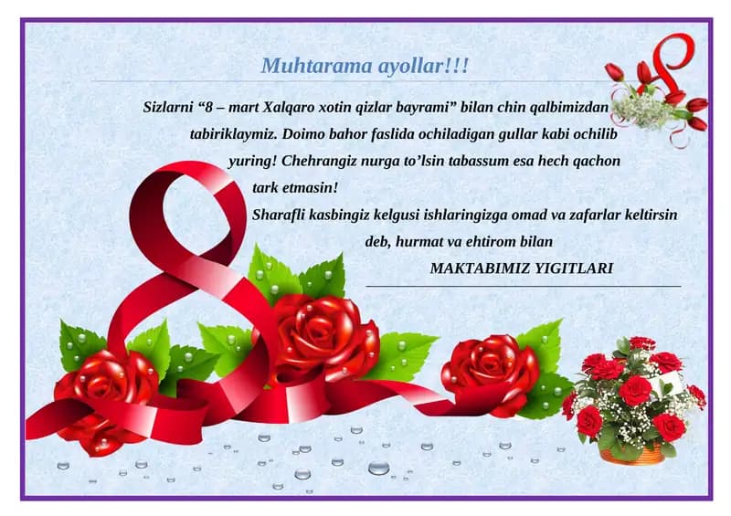 8 – mart Xalqaro xotin qizlar bayramiga tabrik shabloni.