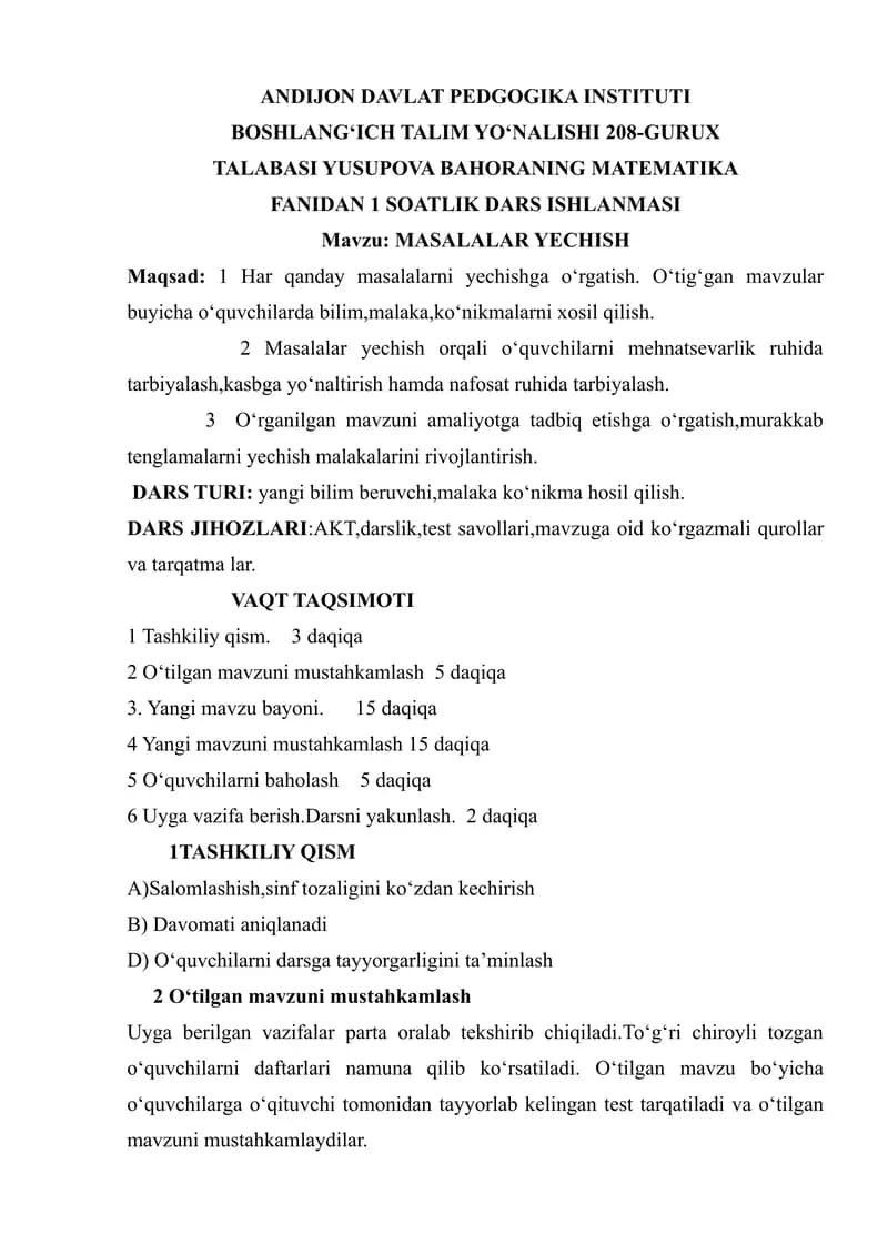 Mavzu: MASALALAR YECHISH