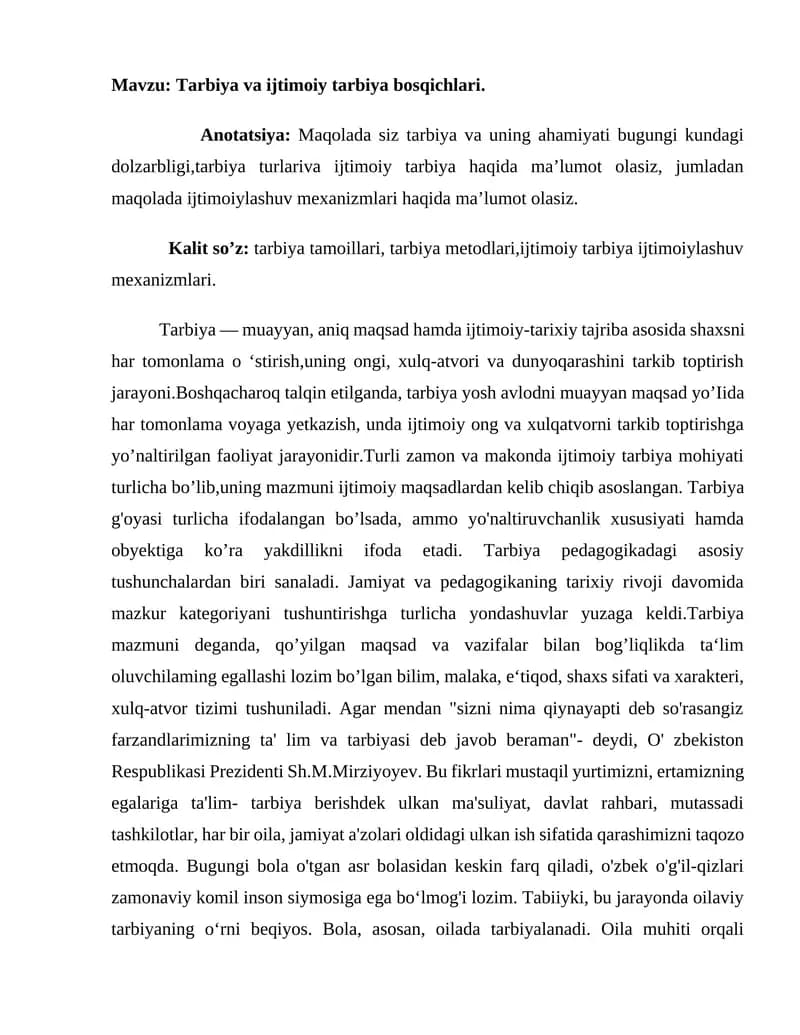 Tarbiya va ijtimoiy tarbiya bosqichlari