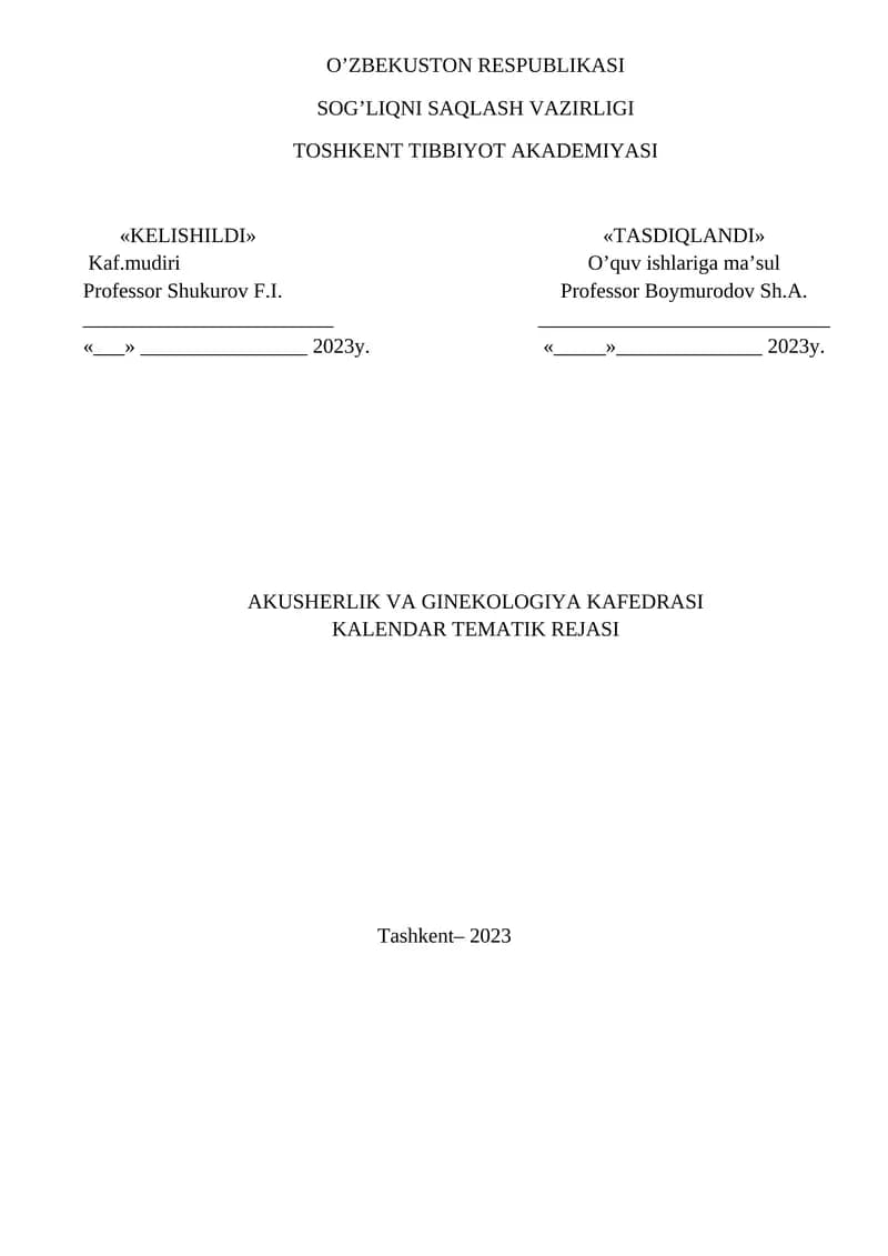 Akusherlik va Ginekologiya Kafedrasi Kalendar Tematik Rejasi