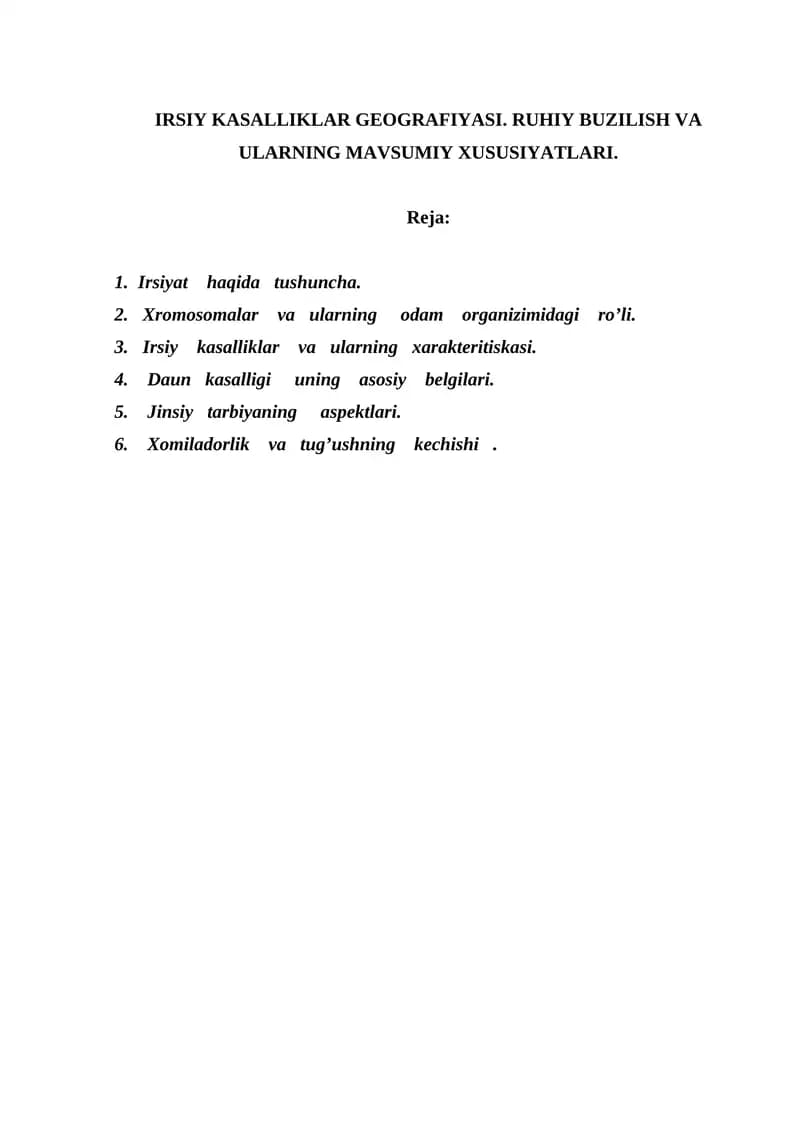IRSIY KASALLIKLAR GEOGRAFIYASI. RUHIY BUZILISH VA ULARNING MAVSUMIY XUSUSIYATLARI