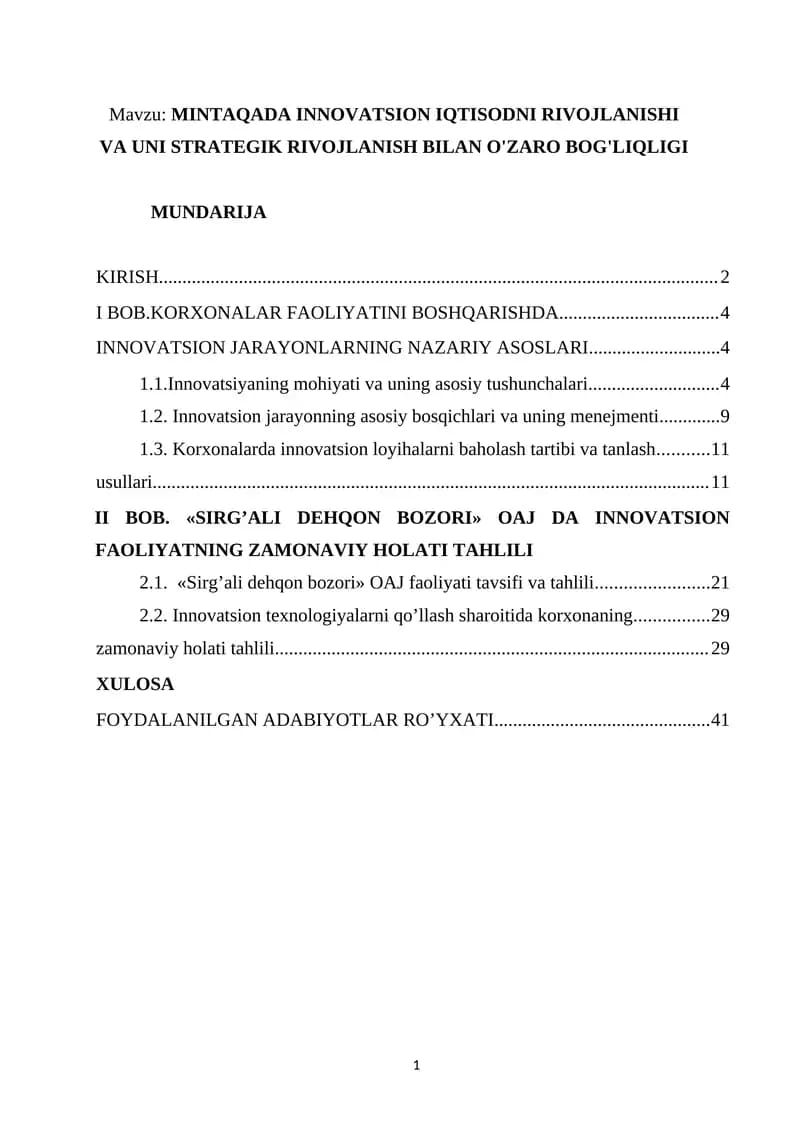MINTAQADA INNOVATSION IQTISODNI RIVOJLANISHI VA UNI STRATEGIK RIVOJLANISH BILAN O'ZARO BOG'LIQLIGI