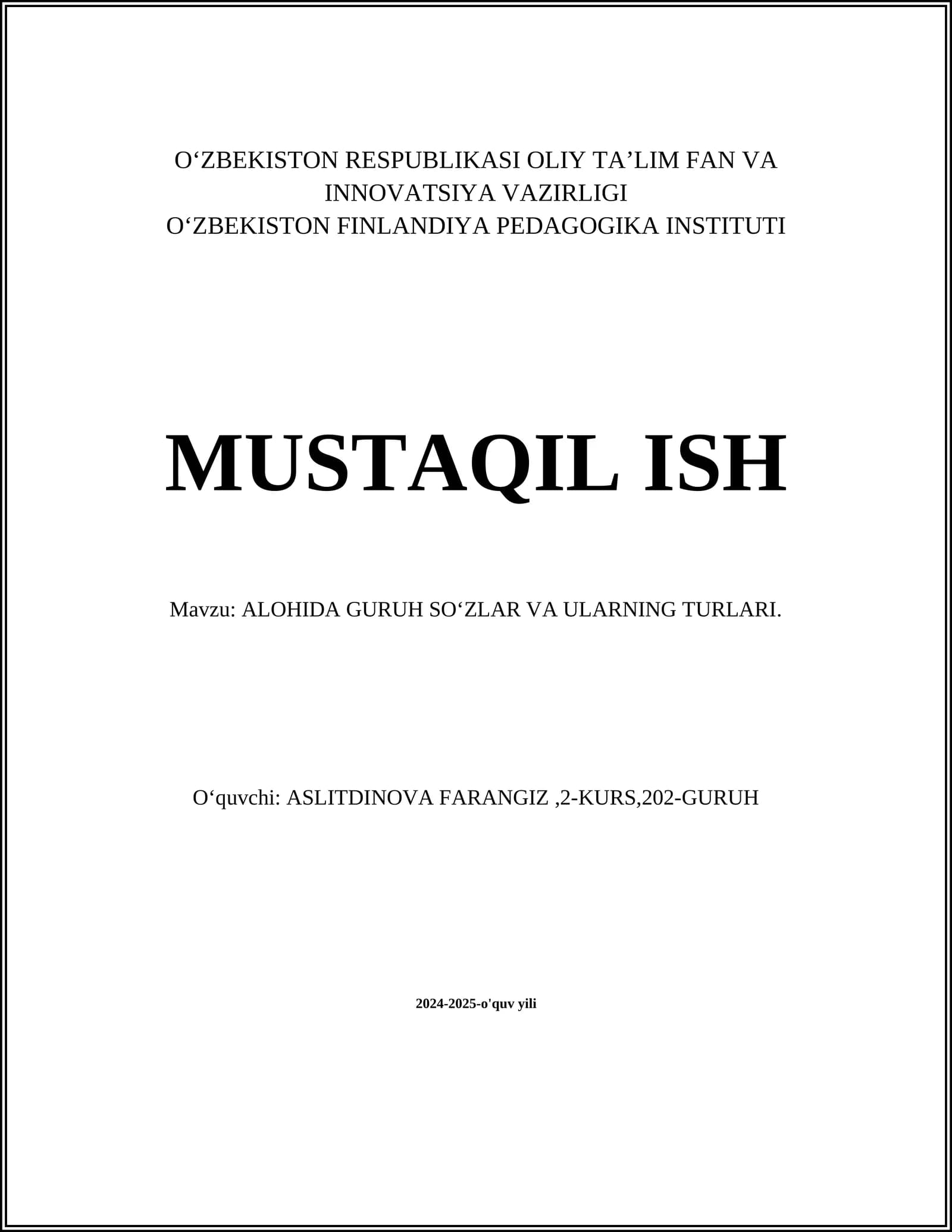 ALOHIDA GURUH SOʻZLAR VA ULARNING TURLARI