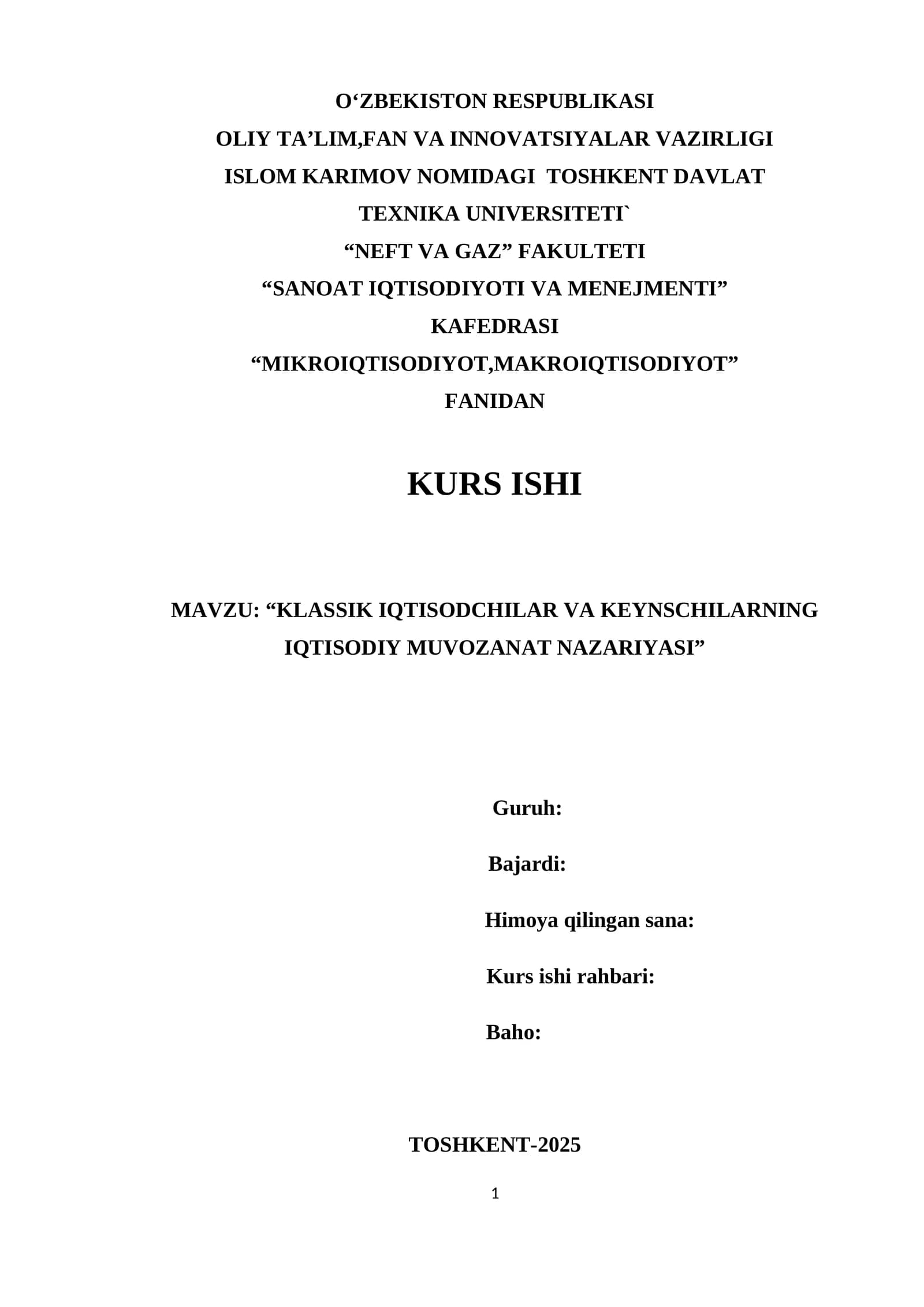 KLASSIK IQTISODCHILAR VA KEYNSCHILARNING IQTISODIY MUVOZANAT NAZARIYASI