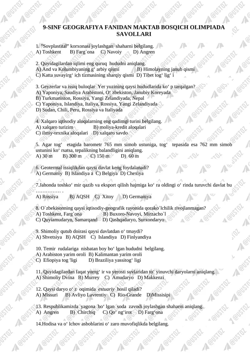 9-SINF GEOGRAFIYA FANIDAN MAKTAB BOSQICH OLIMPIADA SAVOLLARI