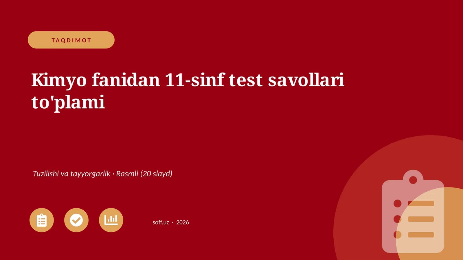 Kimyo fanidan 11-sinf test savollari to'plami