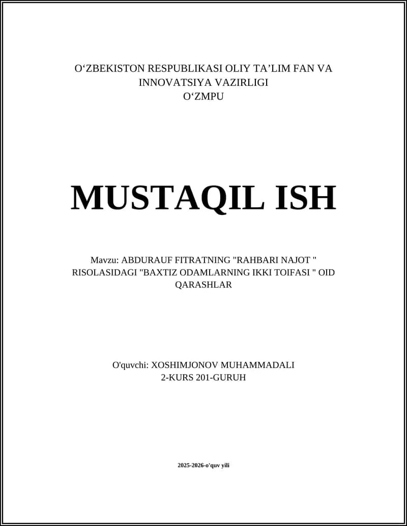 ABDURAUF FITRATNING "RAHBARI NAJOT " RISOLASIDAGI "BAXTIZ ODAMLARNING IKKI TOIFASI " OID QARASHLAR