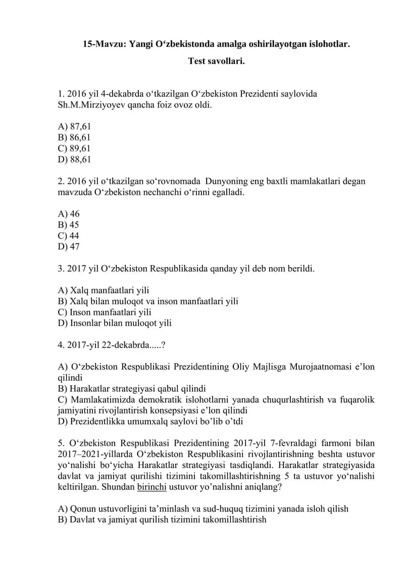 Yangi O‘zbekistonda amalga oshirilayotgan islohotlar. Test savollari.