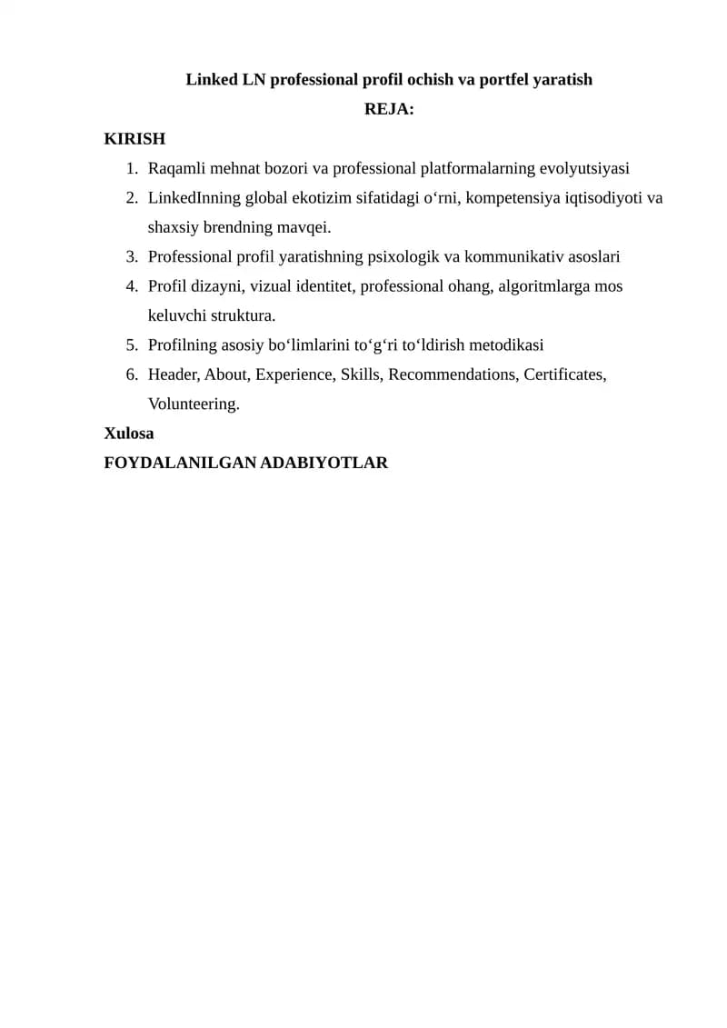 Linked LN professional profil ochish va portfel yaratish