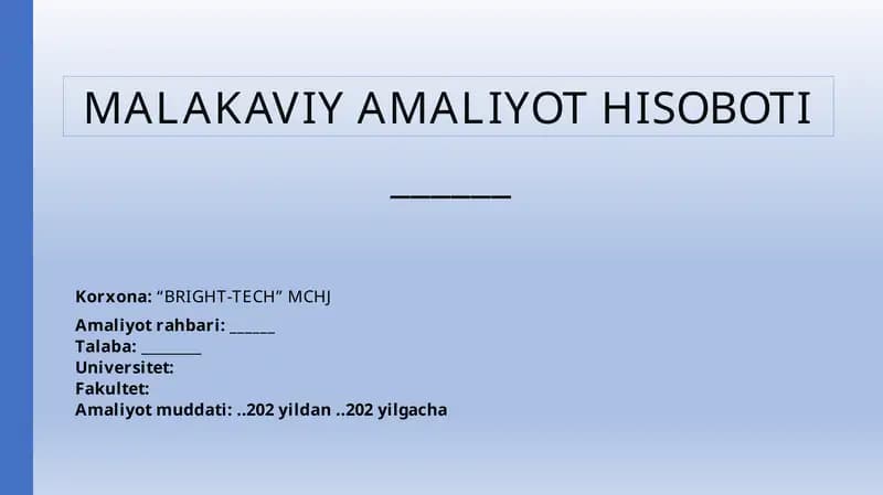 LOGISTIKA xizmatini koʻrsatuvchi mchj boʻyicha amaliyot hisoboti.