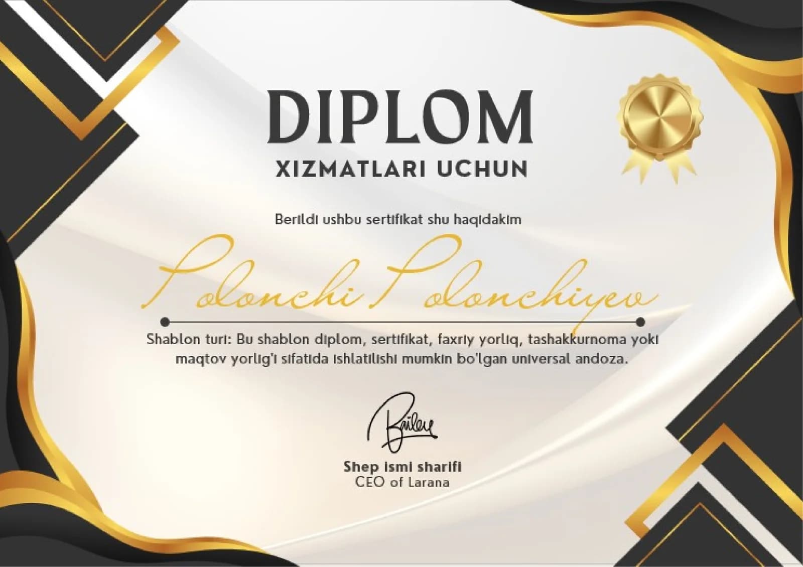 Shablon diplom, sertifikat, faxriy yorliq, tashakkurnoma yoki maqtov yorlig'i