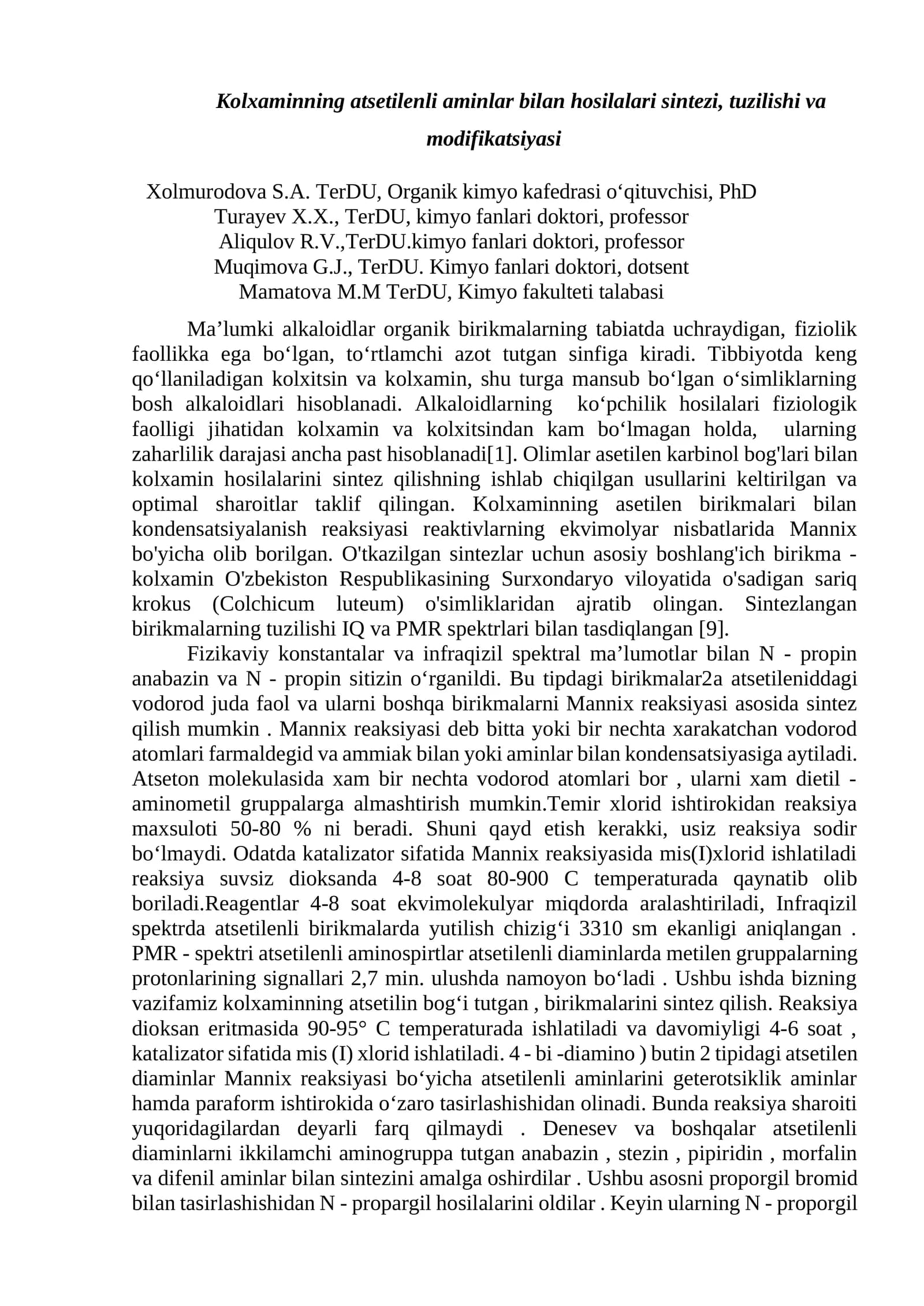 Kolxaminning atsetilenli aminlar bilan hosilalari sintezi, tuzilishi va modifikatsiyasi