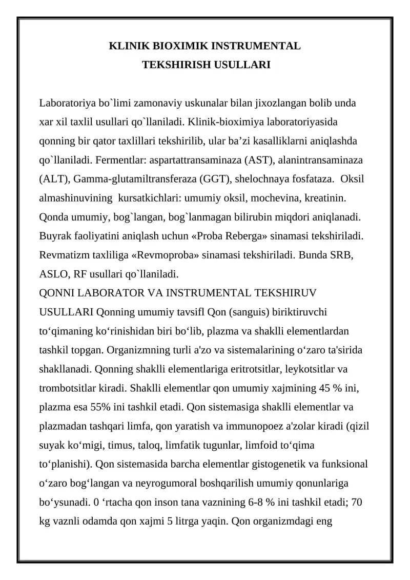 KLINIK BIOXIMIK INSTRUMENTAL TEKSHIRISH USULLARI