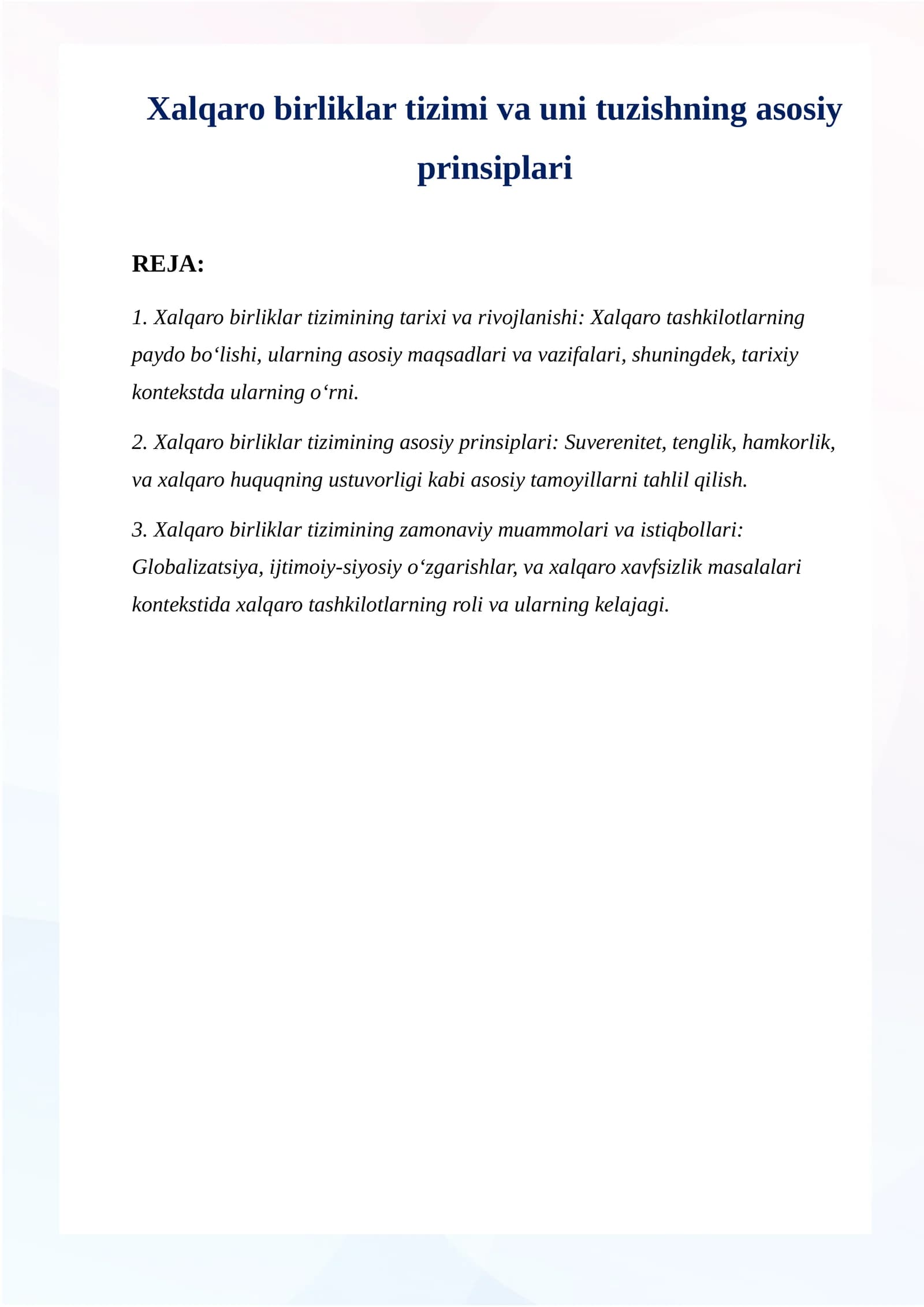 Xalqaro birliklar tizimi va uni tuzishning asosiy prinsiplari