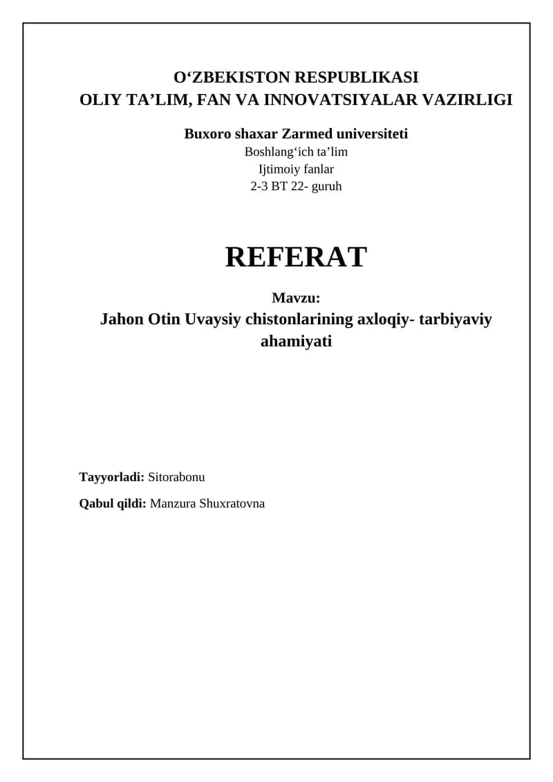 Jahon Otin Uvaysiy topishmoqlari