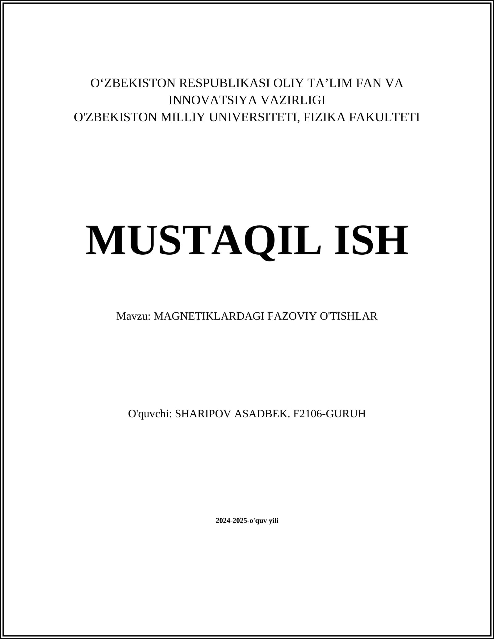 MAGNETIKLARDAGI FAZOVIY O'TISHLAR