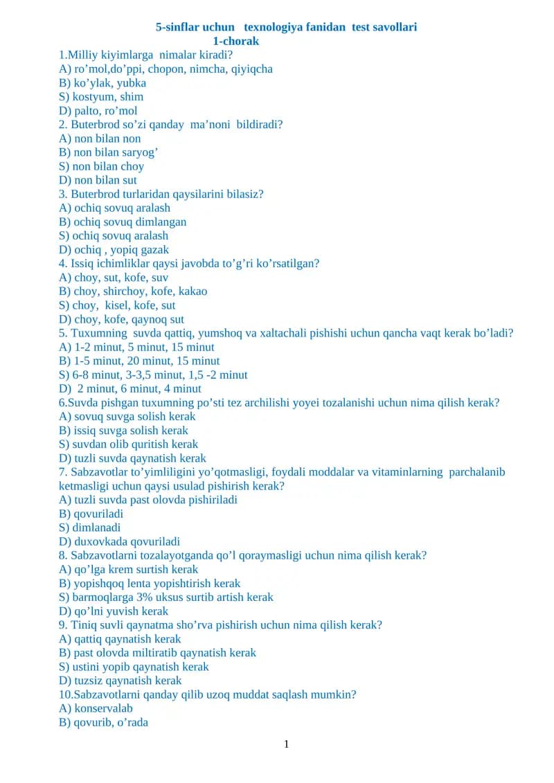 5-sinflar uchun texnologiya fanidan test savollari
