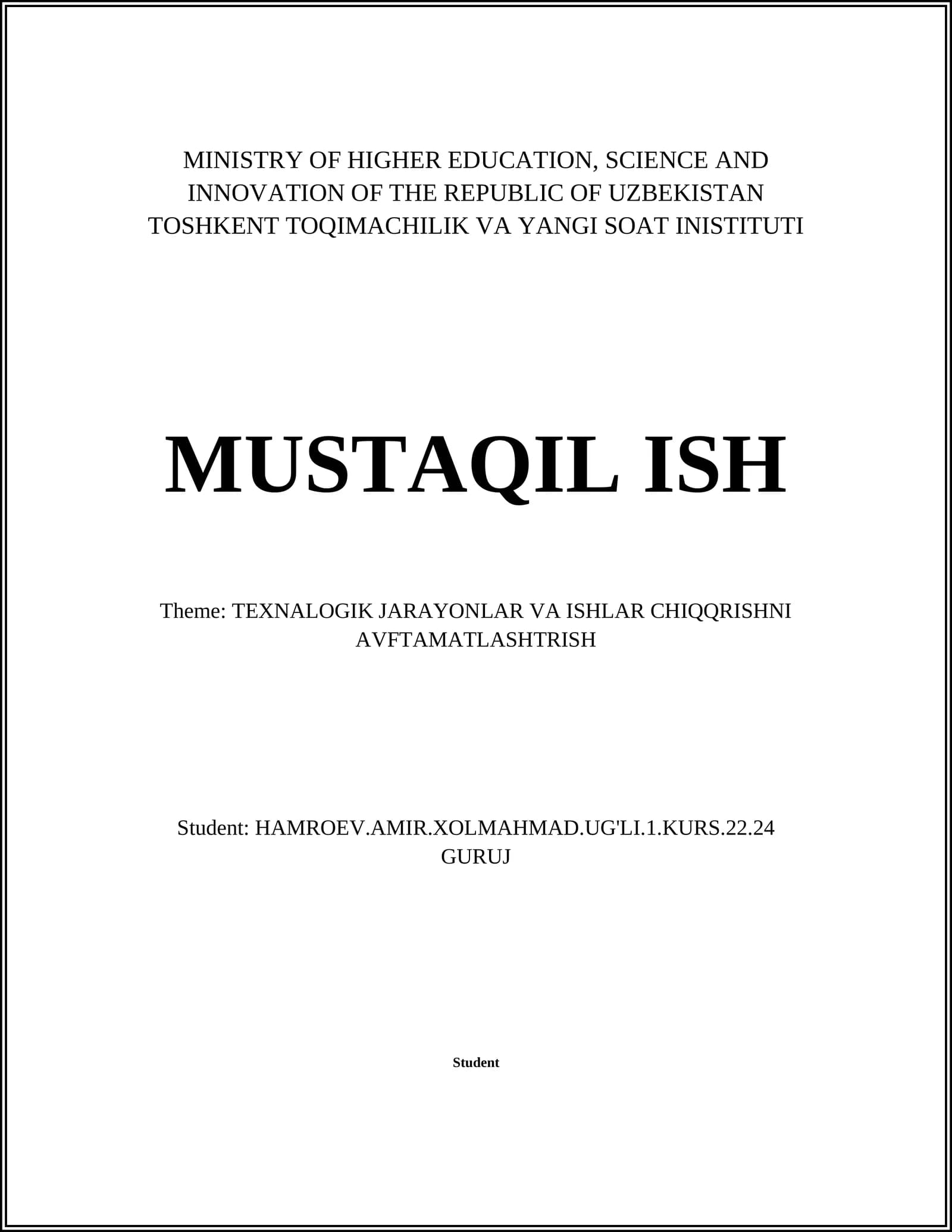 TEXNALOGIK JARAYONLAR VA ISHLAR CHIQQRISHNI AVFTAMATLASHTRISH