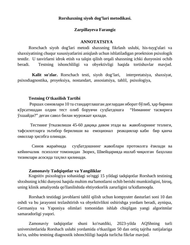 Rorshaxning siyoh dog’lari metodikasi