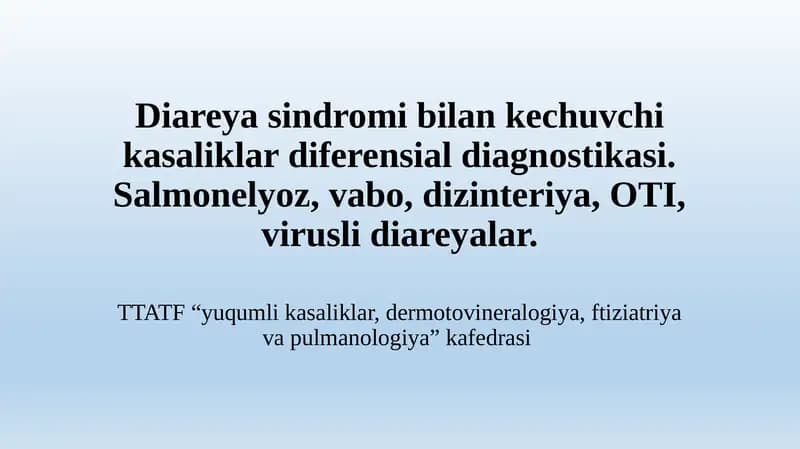 Diareya Sindromi Bilan Kechuvchi Kasaliklar Diferensial Diagnostikasi