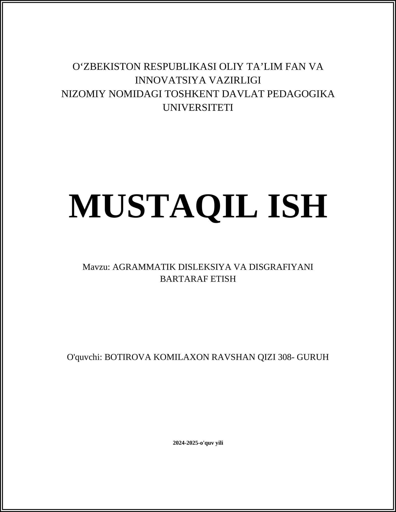 AGRAMMATIK DISLEKSIYA VA DISGRAFIYANI BARTARAF ETISH