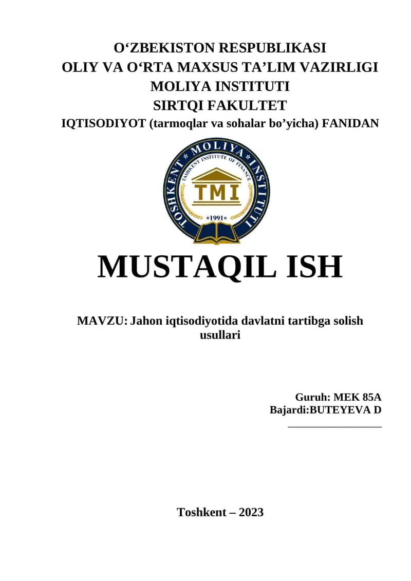 Jahon iqtisodiyotida davlatni tartibga solish usullari