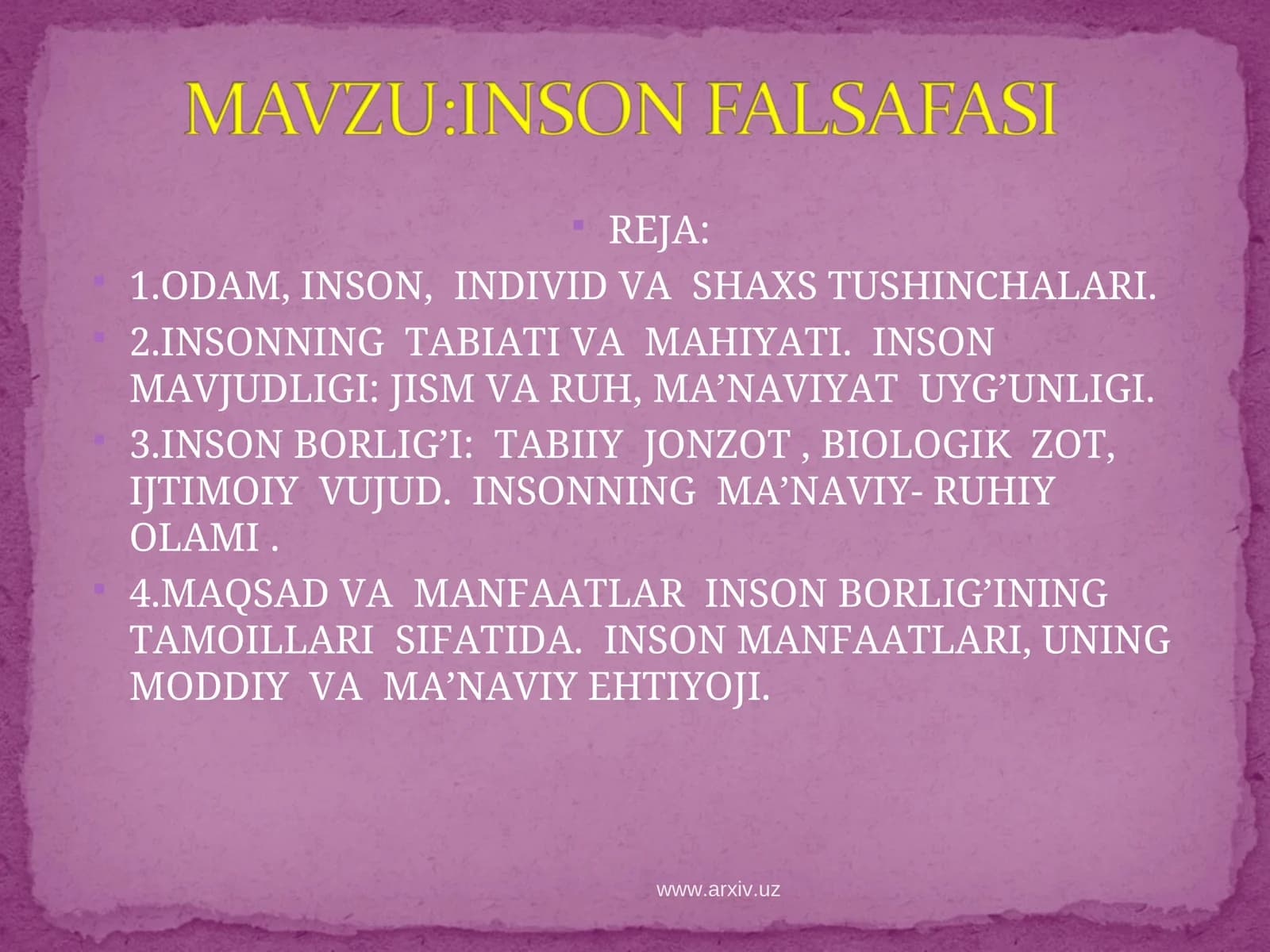 ODAM, INSON, INDIVID VA SHAXS TUSHINCHALARI