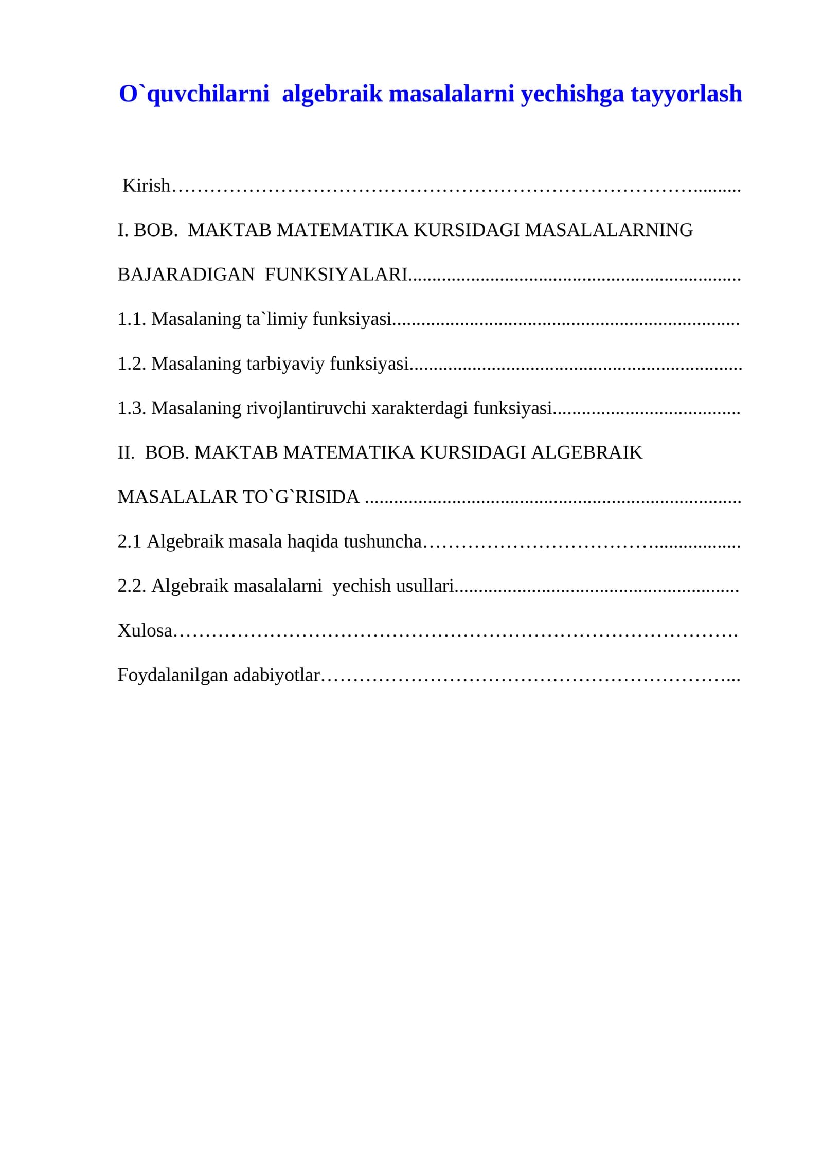O`quvchilarni algebraik masalalarni yechishga tayyorlash
