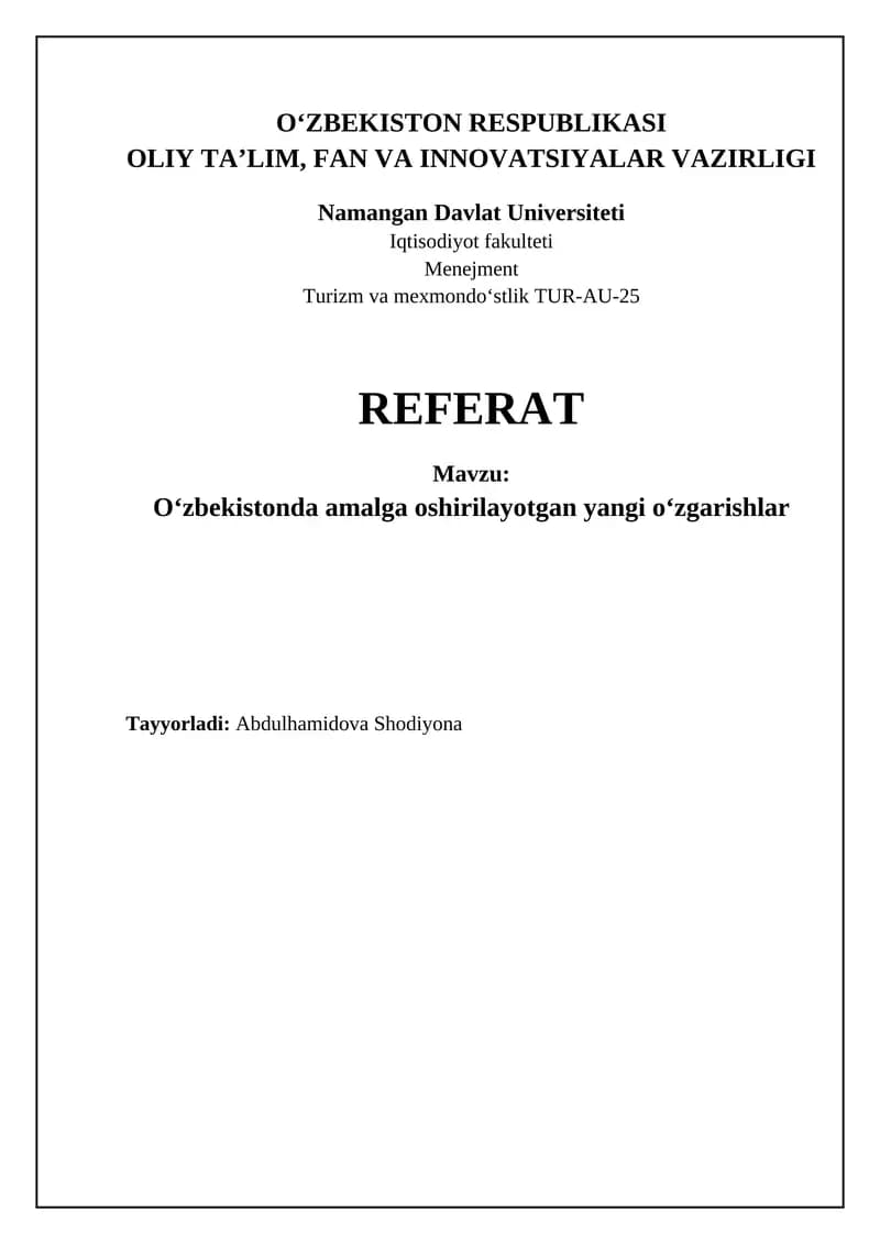 O‘zbekistonda amalga oshirilayotgan yangi o‘zgarishlar