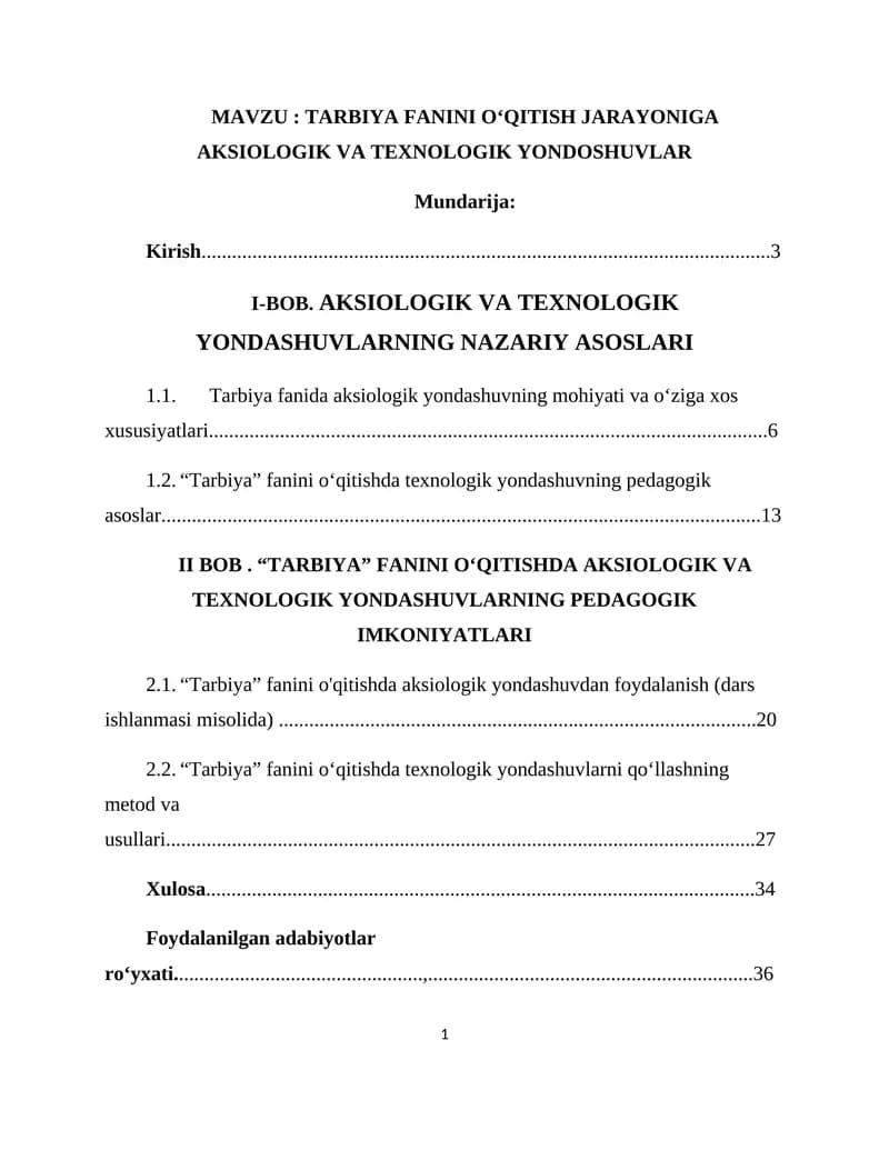 TARBIYA FANINI O‘QITISH JARAYONIGA AKSIOLOGIK VA TEXNOLOGIK YONDOSHUVLAR