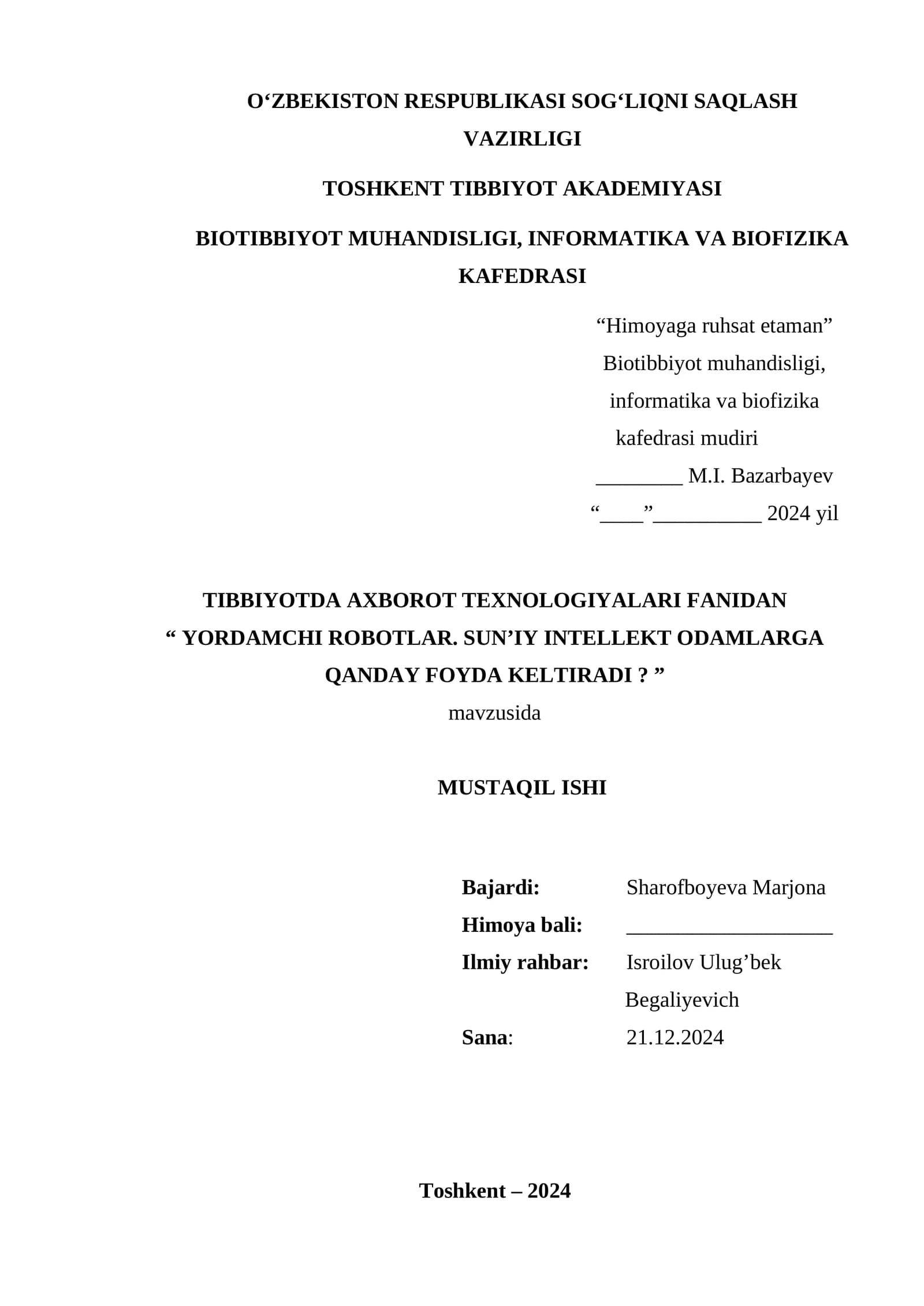 YORDAMCHI ROBOTLAR. SUN’IY INTELLEKT ODAMLARGA QANDAY FOYDA KELTIRADI?